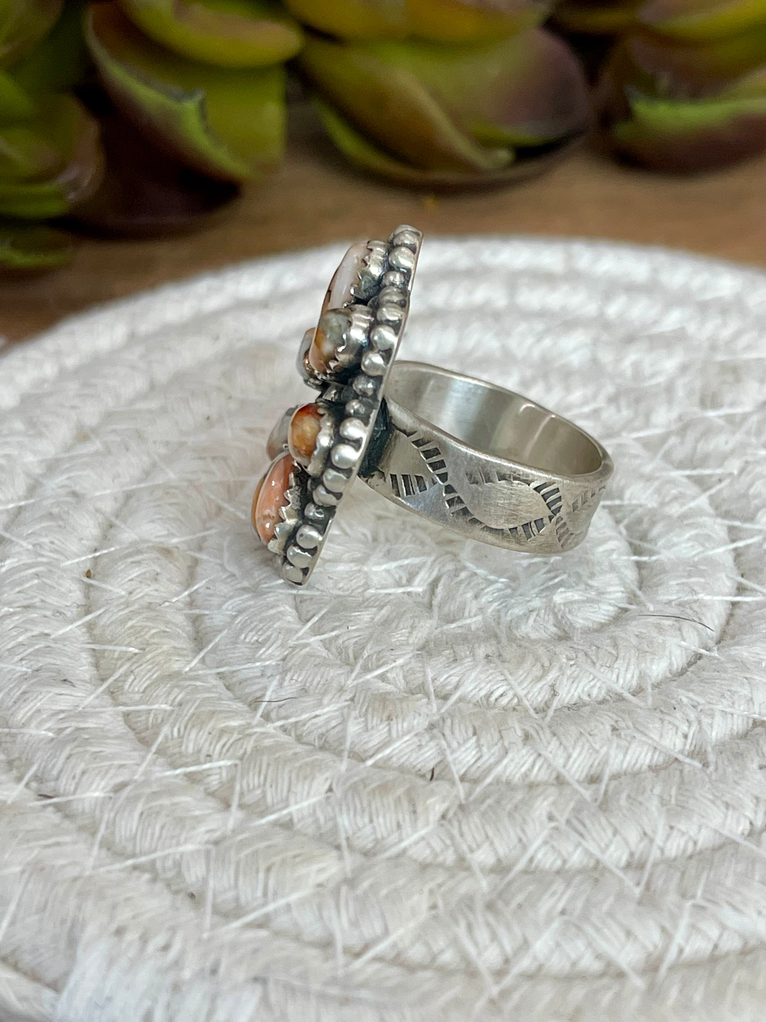 Beautiful Handmade Sterling Silver And Spice Flower Cluster Adjustable Ring