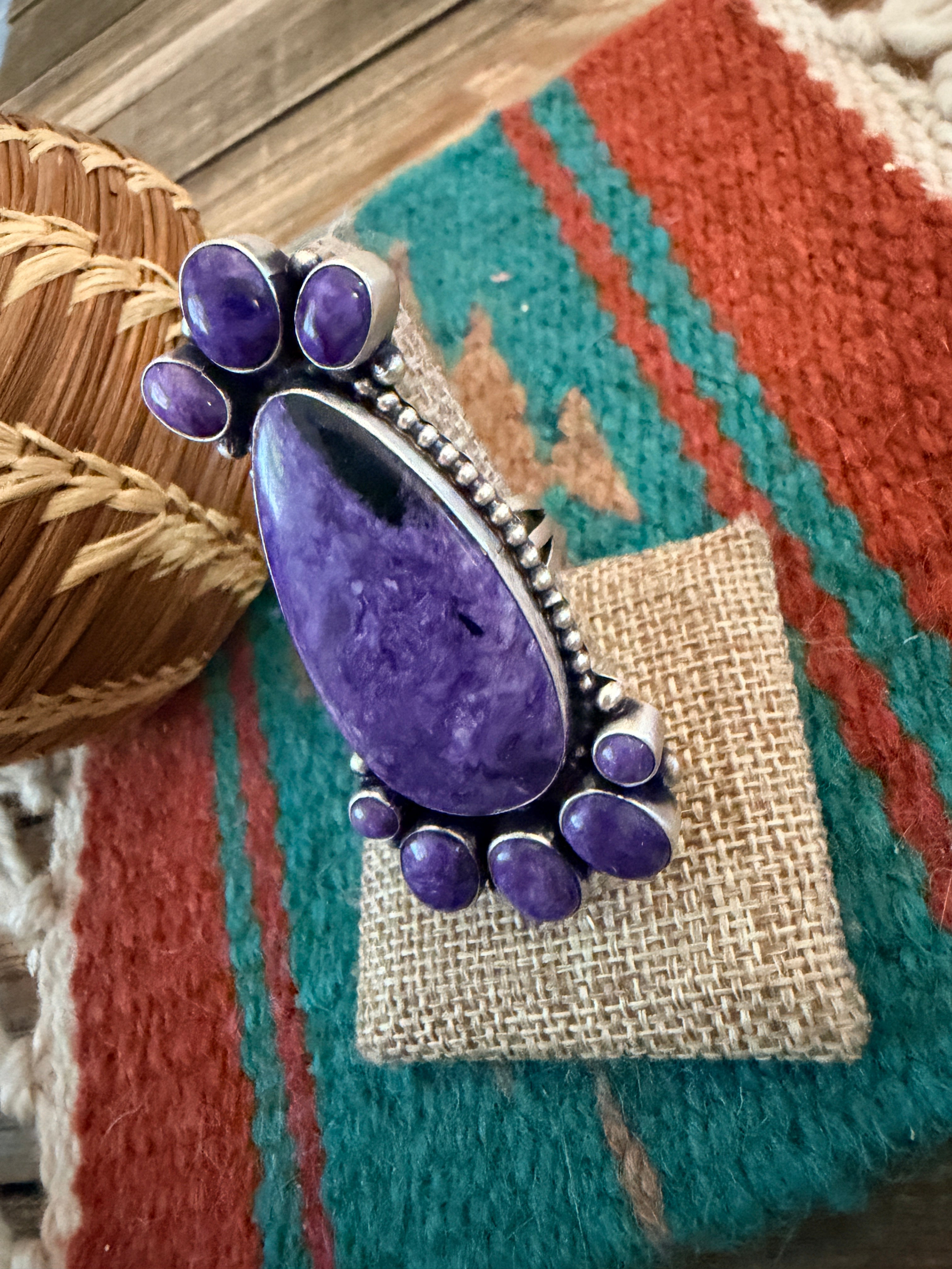 Handcrafted Charoite & Sterling Silver Cluster Ring by Blaine Yellowhorse