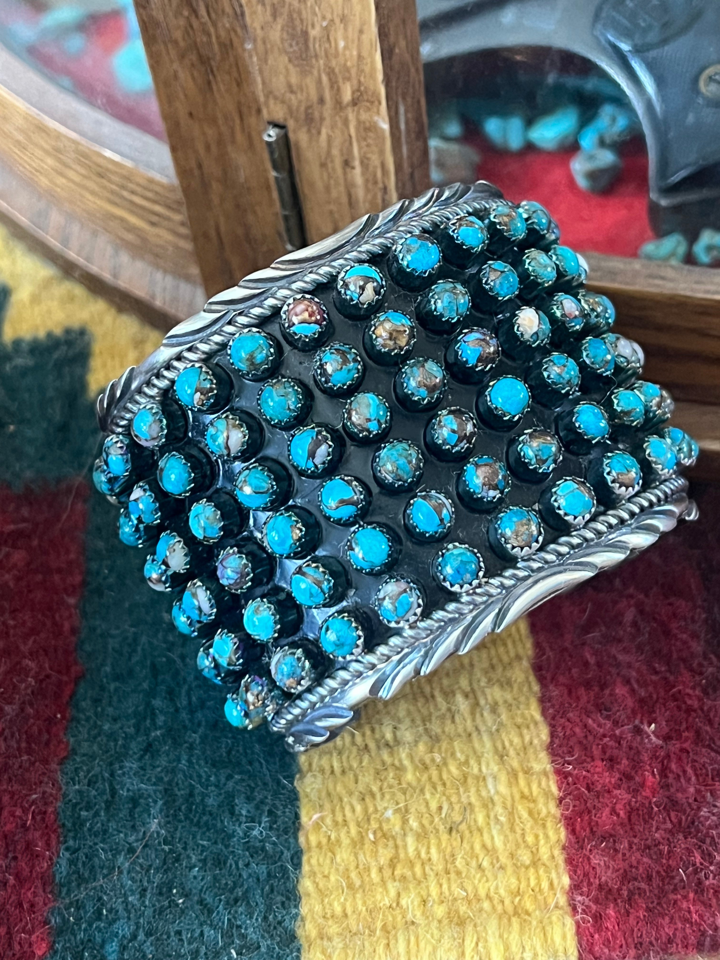 Handcrafted Sterling Silver and Blue Mohave Snake Eye Style Six Row Cuff Bracelet, Signed BJ