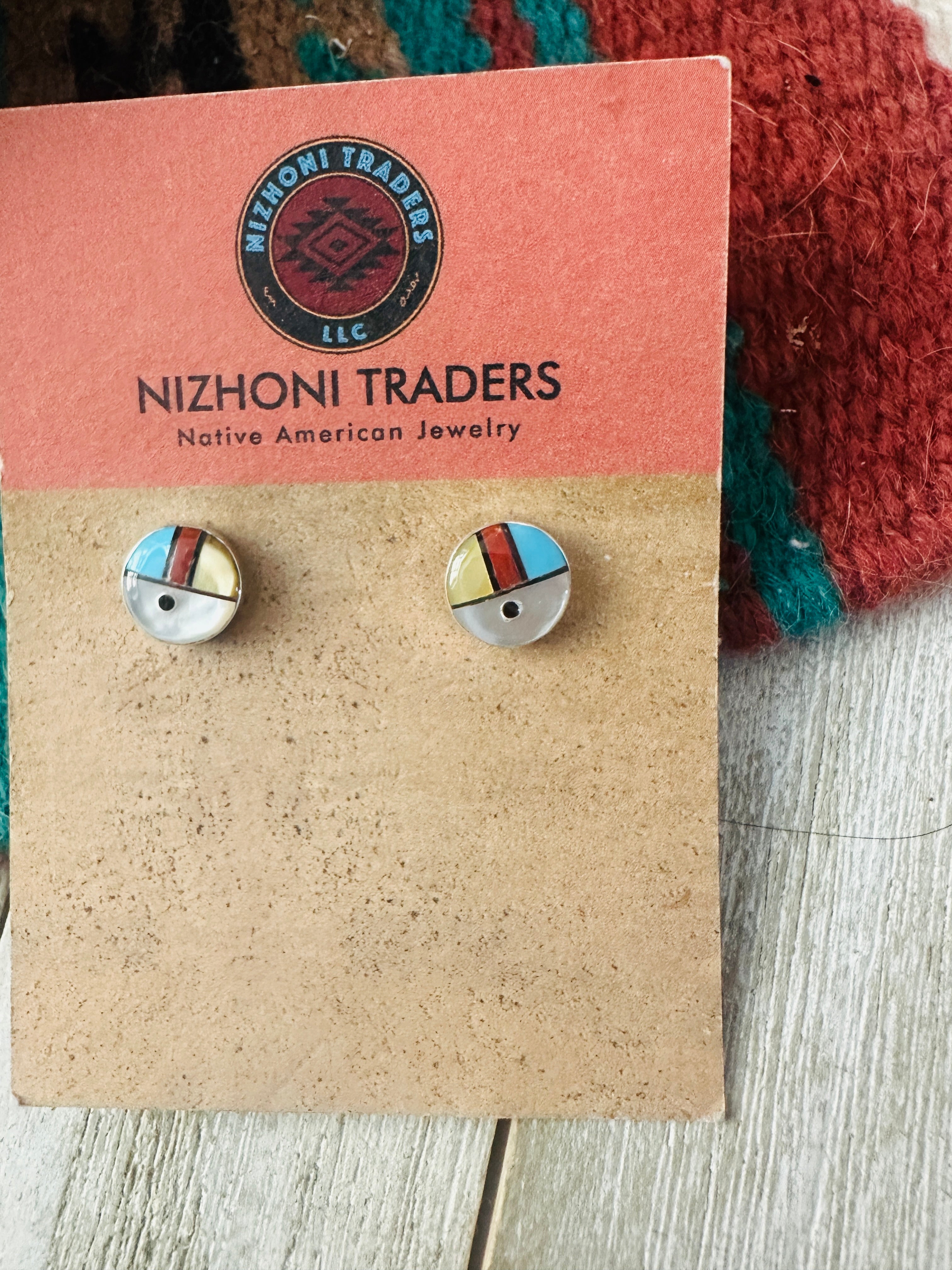 Handcrafted Multi Stone & Sterling Silver Inlay Sun Face Stud Earrings