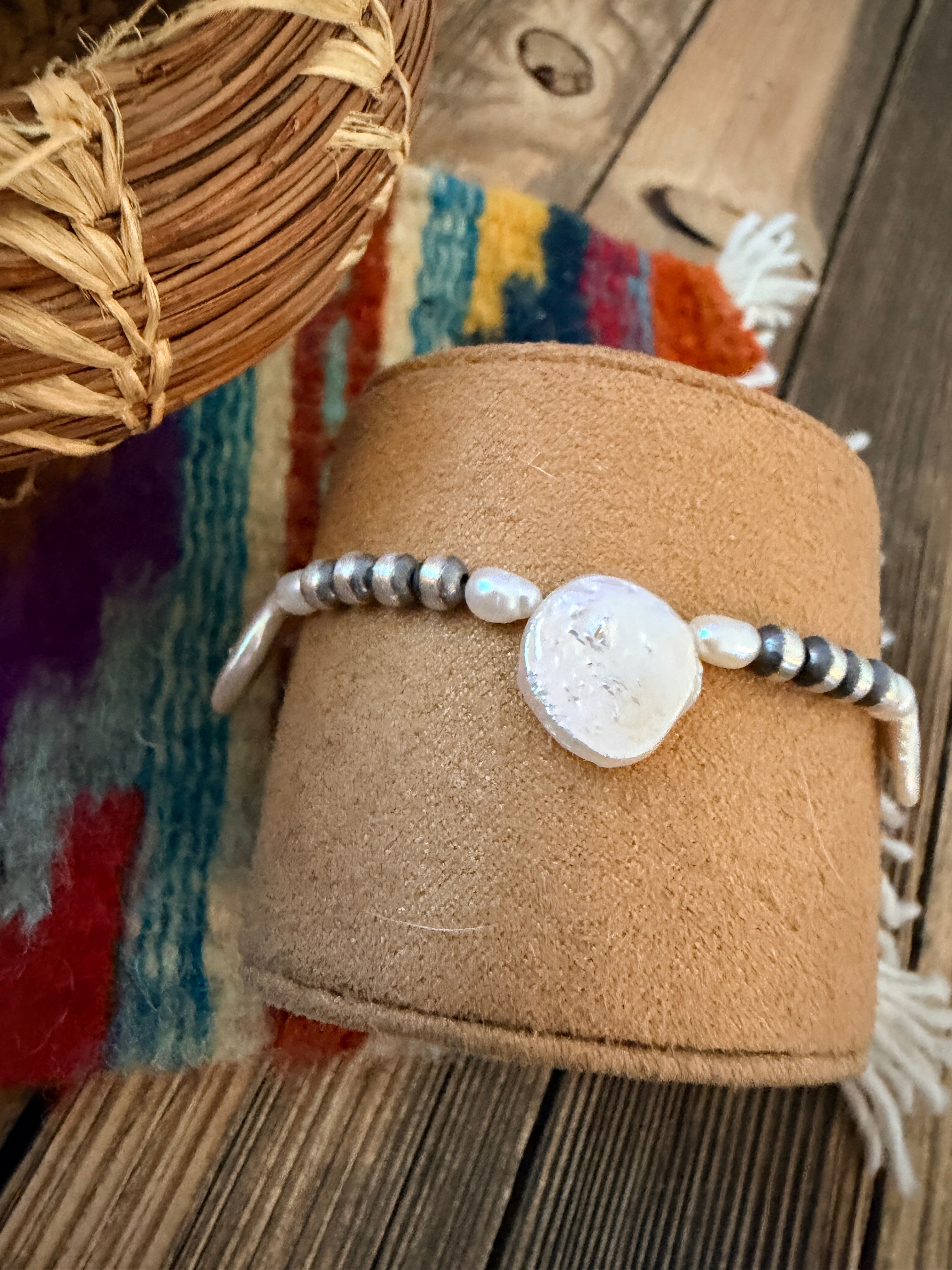Handcrafted Mother of Pearl & Sterling Silver Pearl Beaded Stretch Bracelet