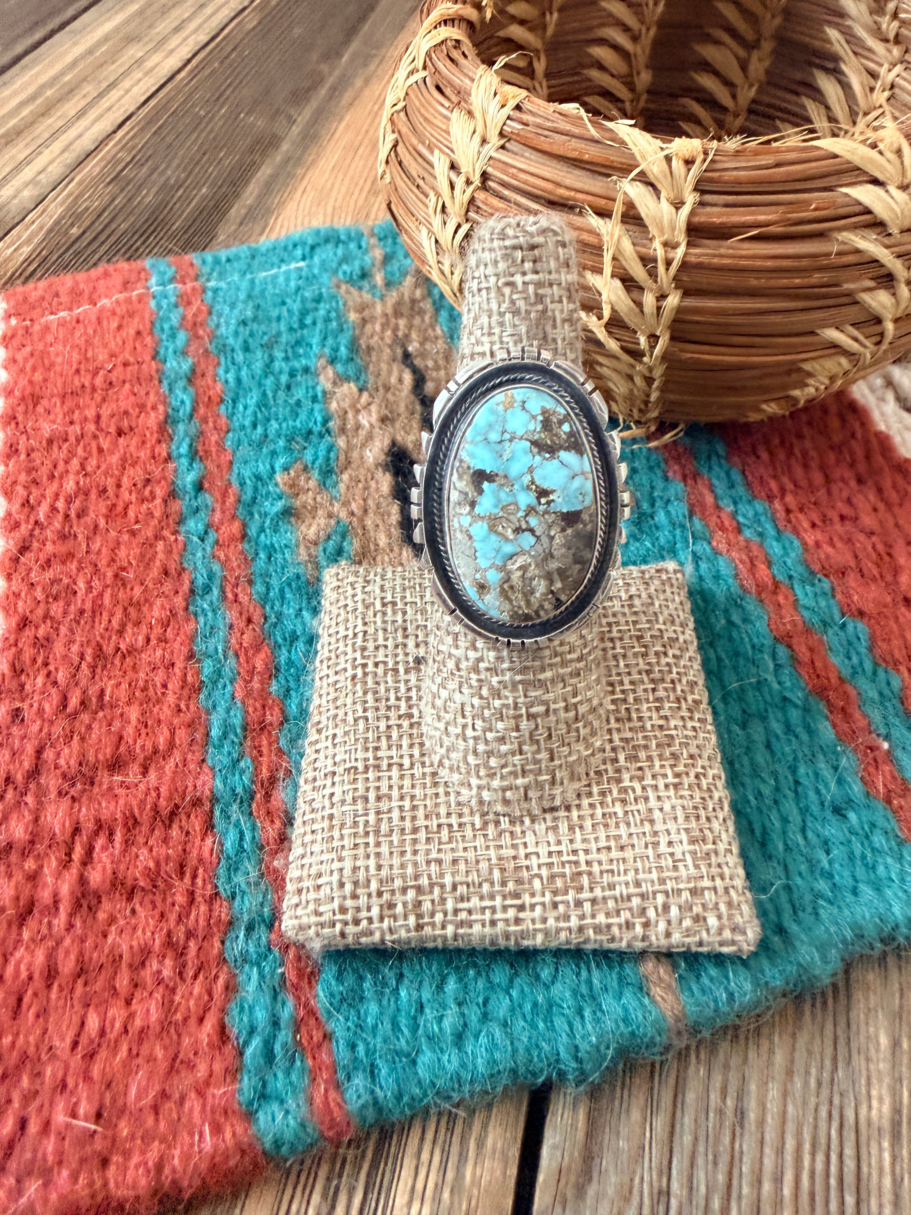 Handcrafted Dry Creek Turquoise & Sterling Silver Ring Size 8 by Daniel Benally