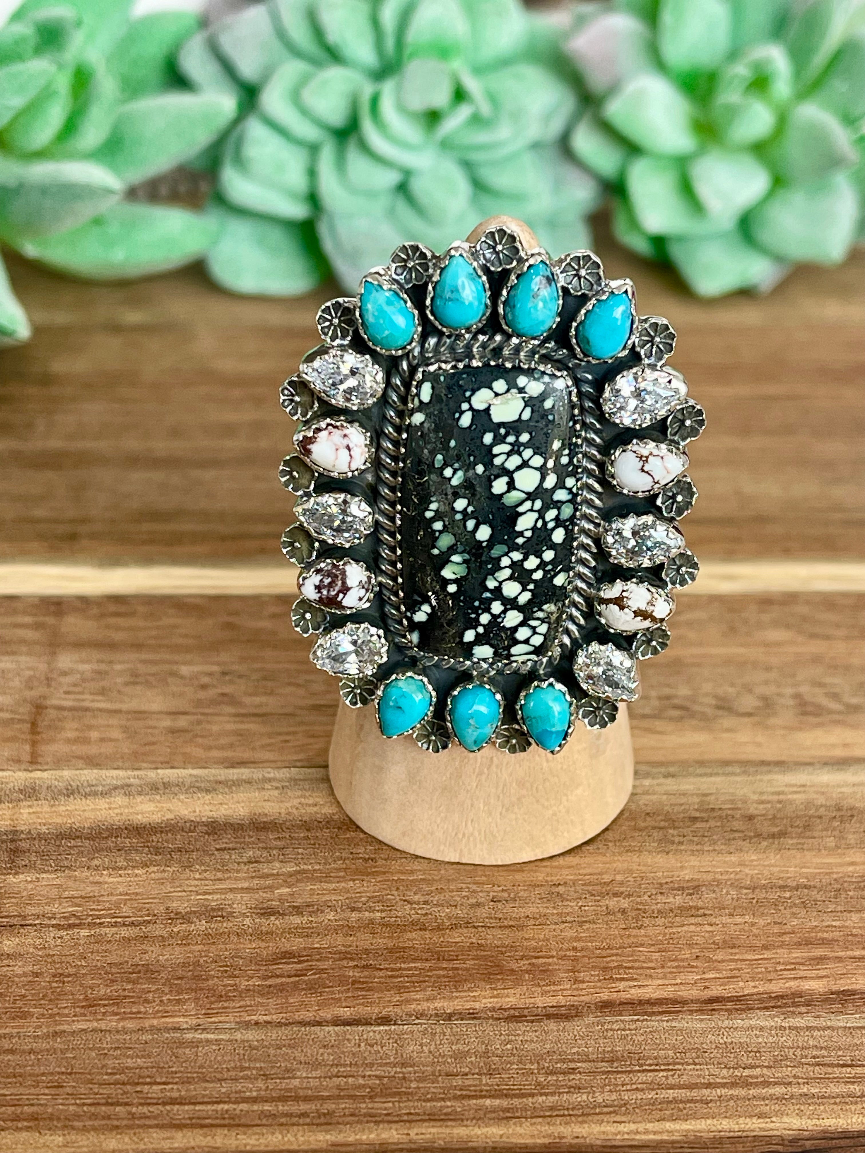 Beautiful Handmade Multi Stone And Sterling Silver Adjustable Ring