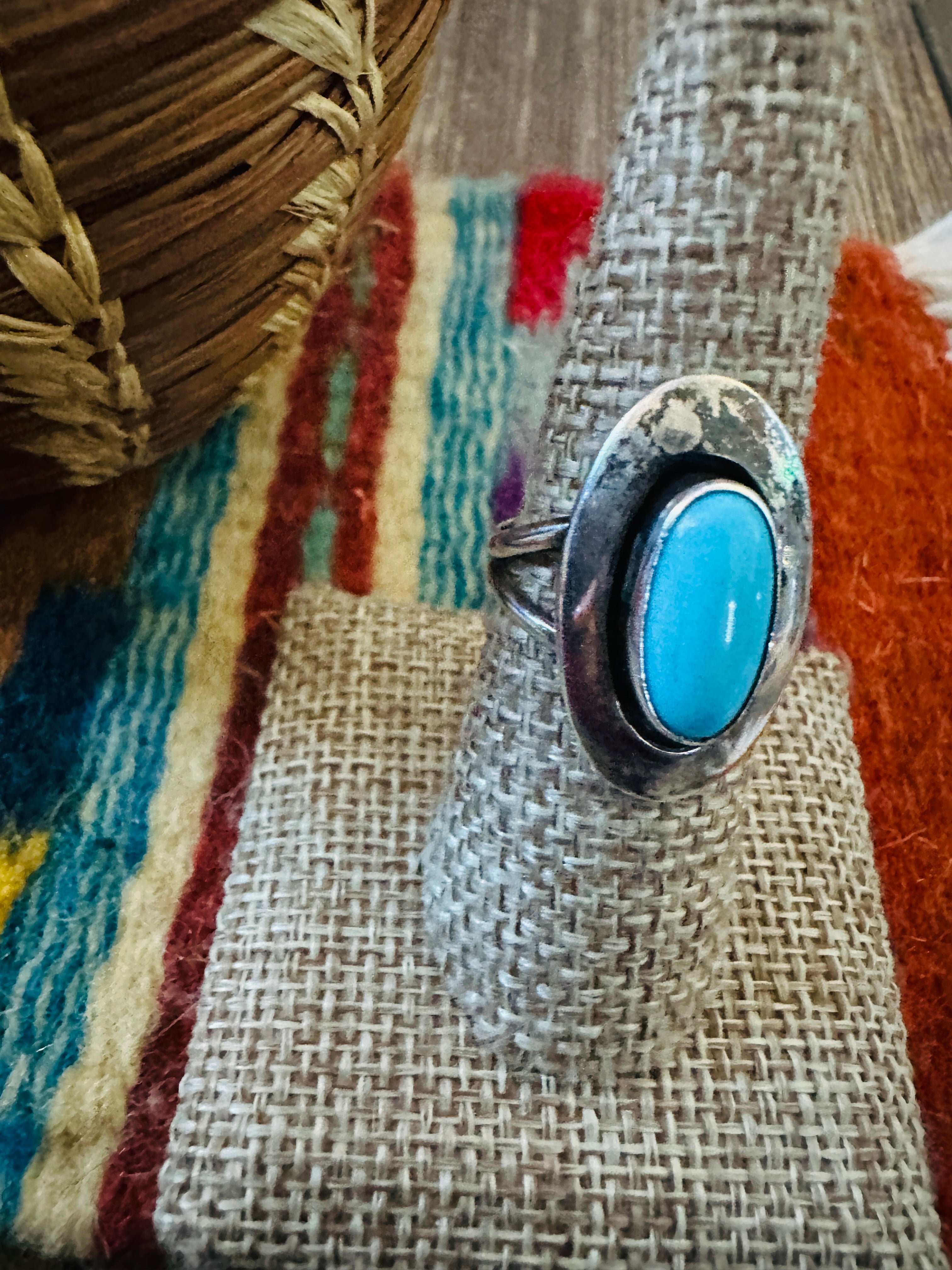 Old Pawn Handcrafted Turquoise & Sterling Silver Ring Size 8