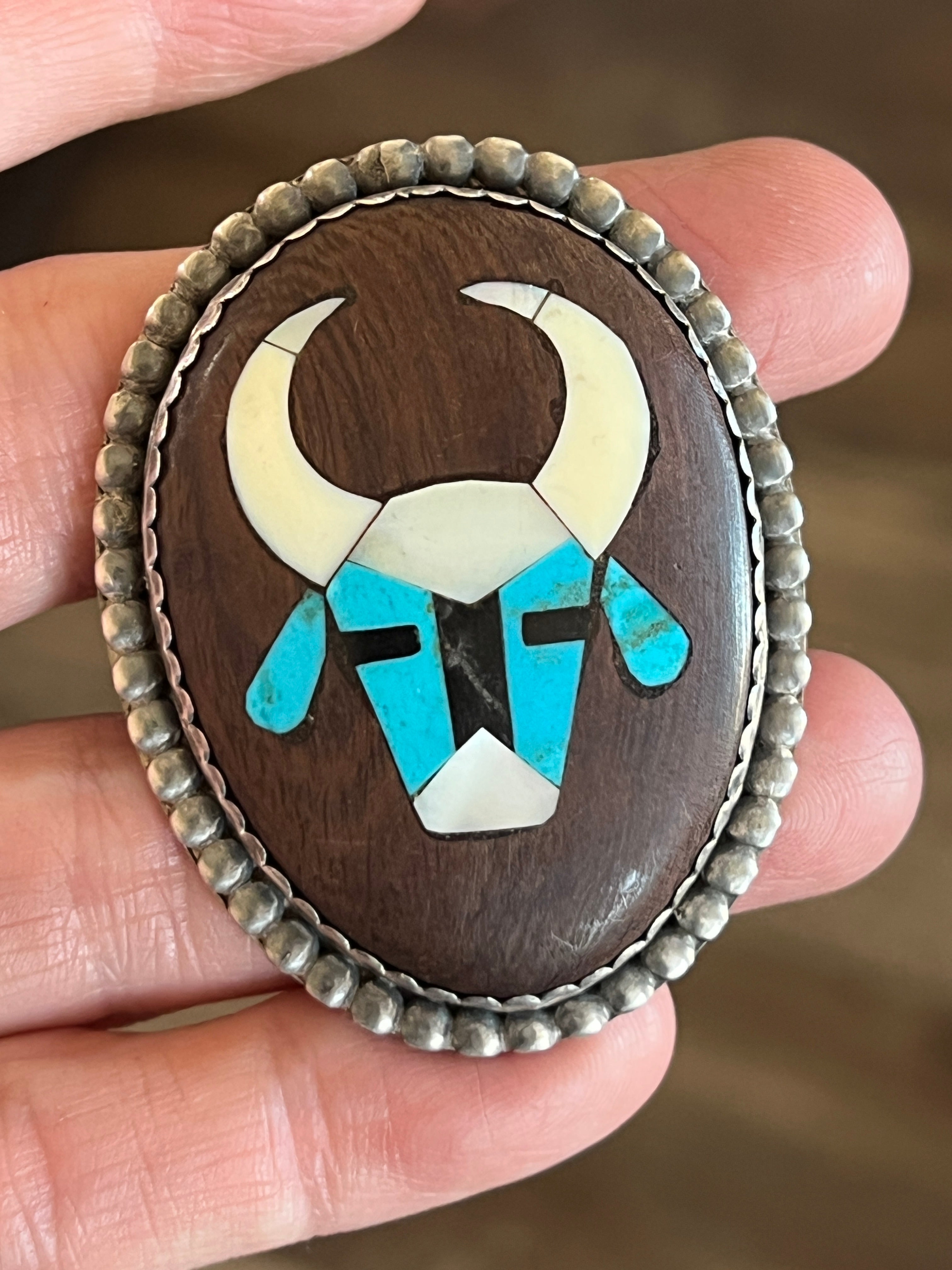 Vintage Sterling Silver and Wood Ring with Turquoise and Mother of Pearl Inlay Steer Head, Size 10.5