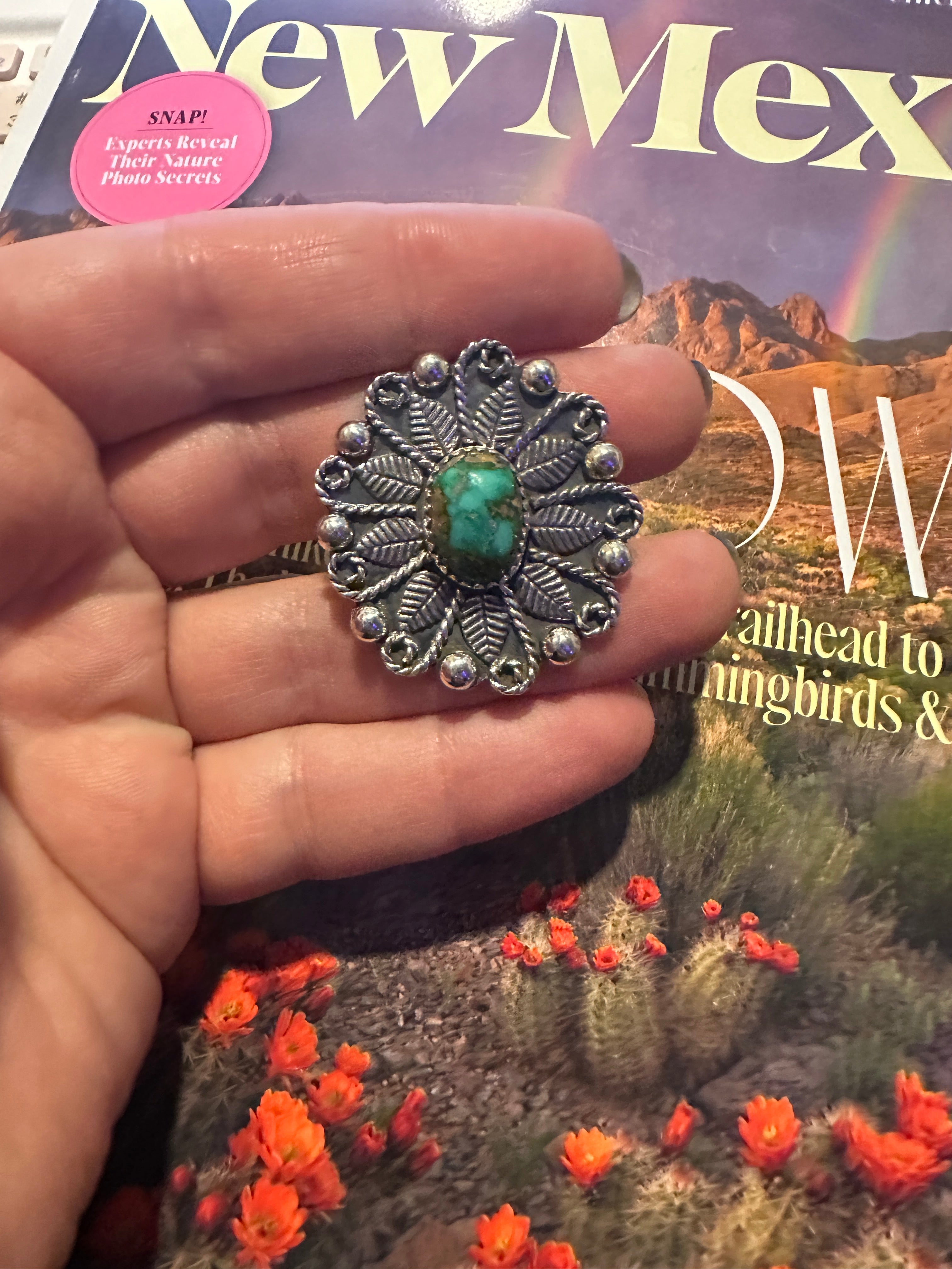 Handmade Sterling Silver Sonoran Mountain Turquoise Adjustable FLOWER Ring Signed Nizhoni