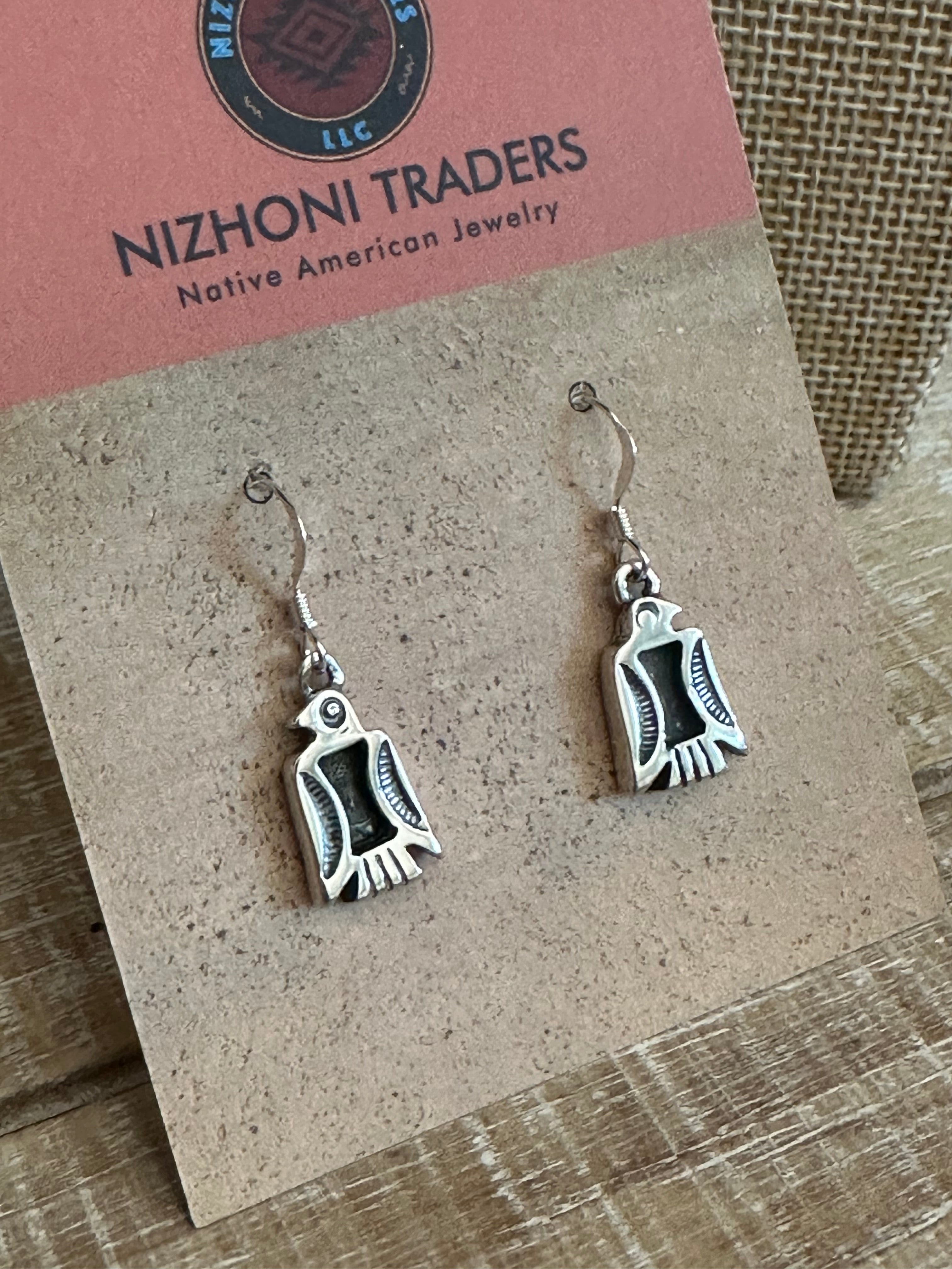 Hand Stamped Sterling Silver Thunderbird Dangle Earrings