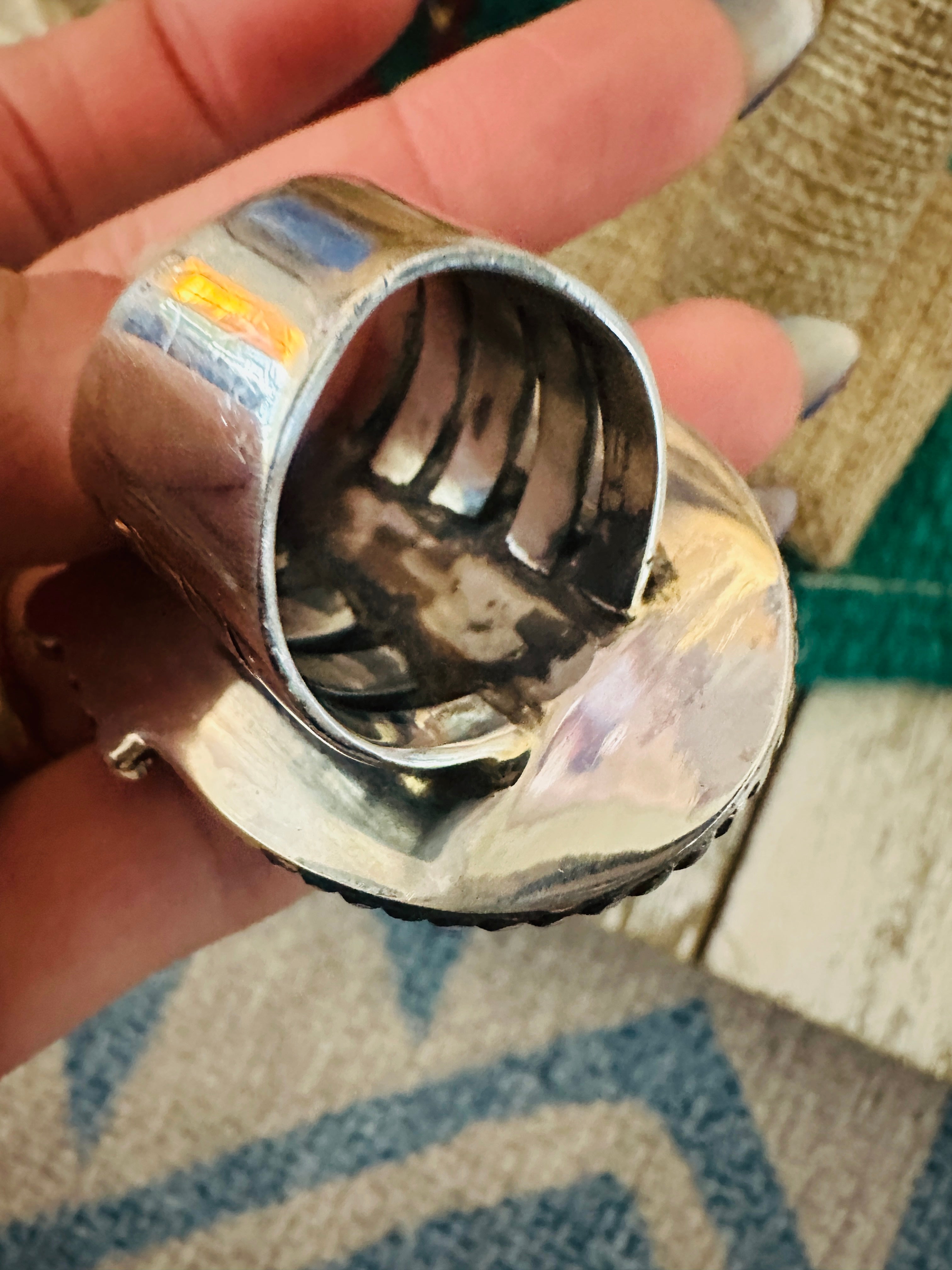 Handcrafted Old Pawn Sterling Silver & White Buffalo Ring Size 7.75