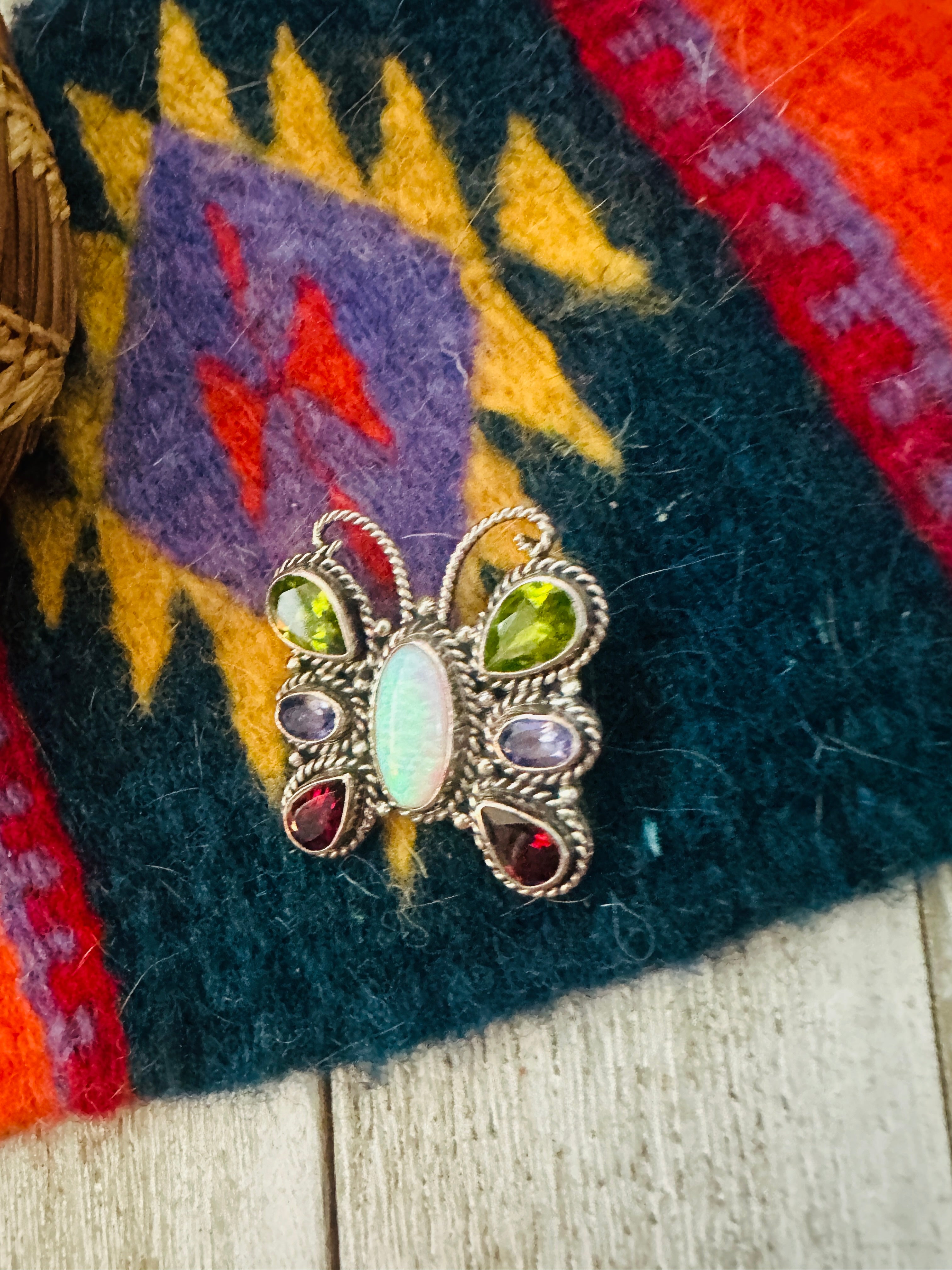 Handcrafted Multi Stone & Sterling Silver Butterfly Brooch