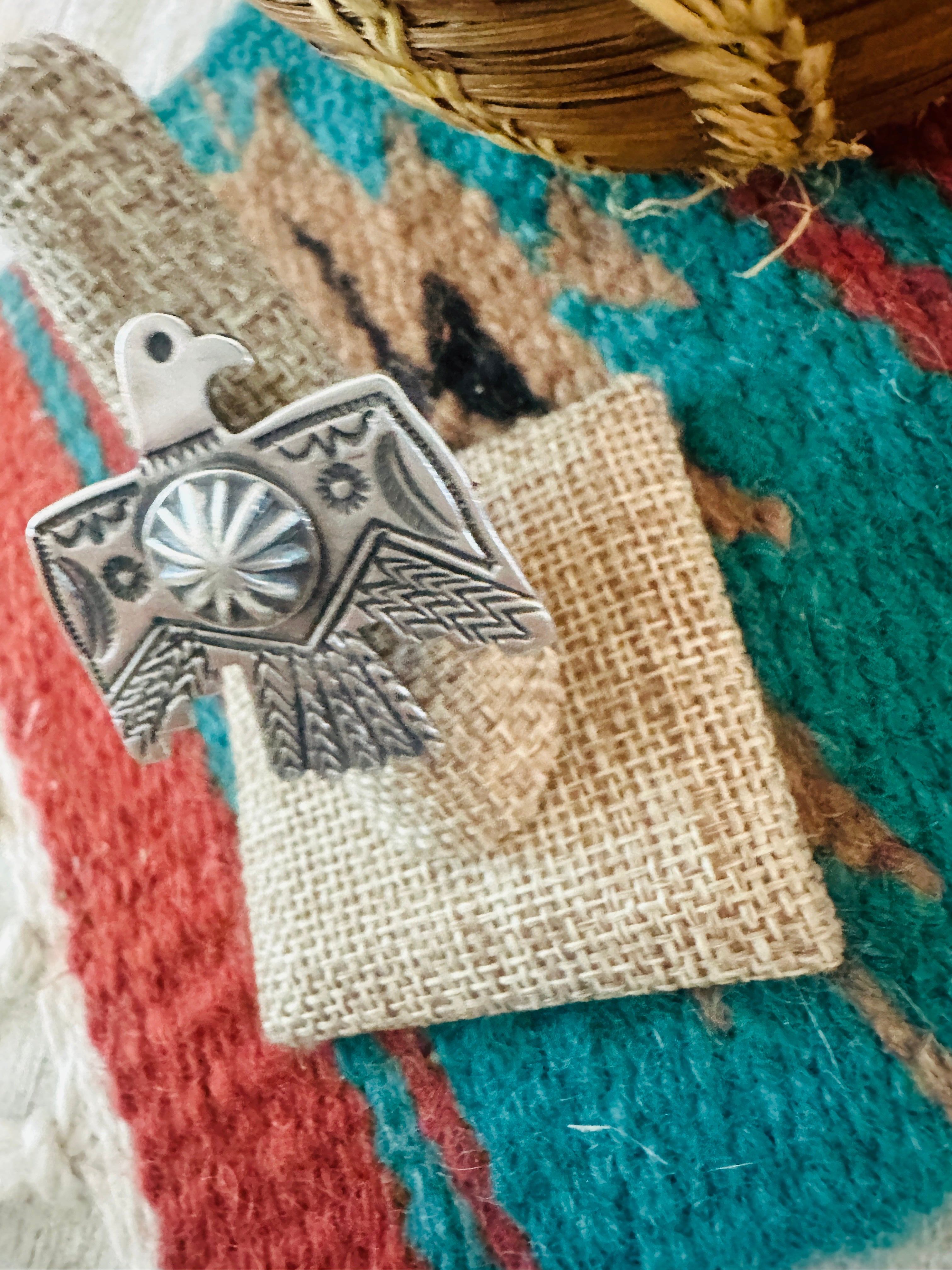 Handcrafted Hand Stamped Sterling Silver Thunderbird Adjustable Ring by Leroy James