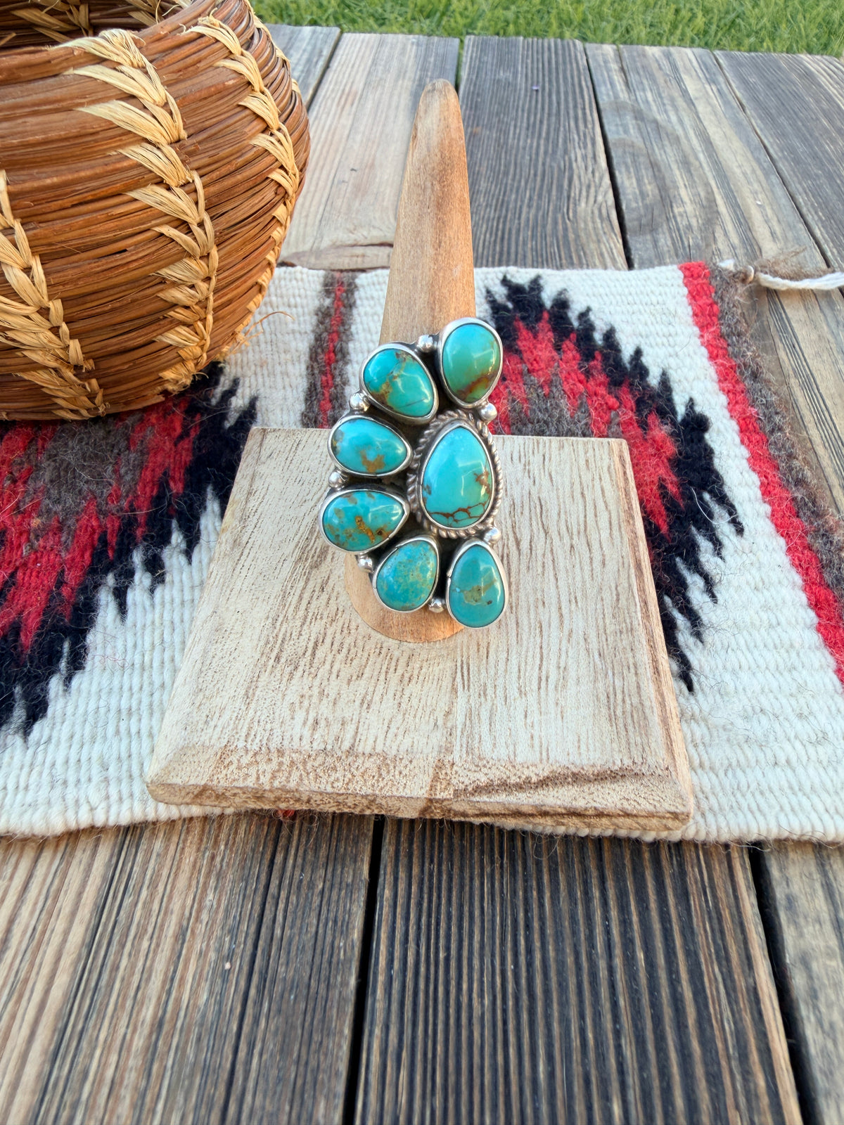 Handcrafted Turquoise & Sterling Silver Cluster Adjustable Ring by Geraldine James