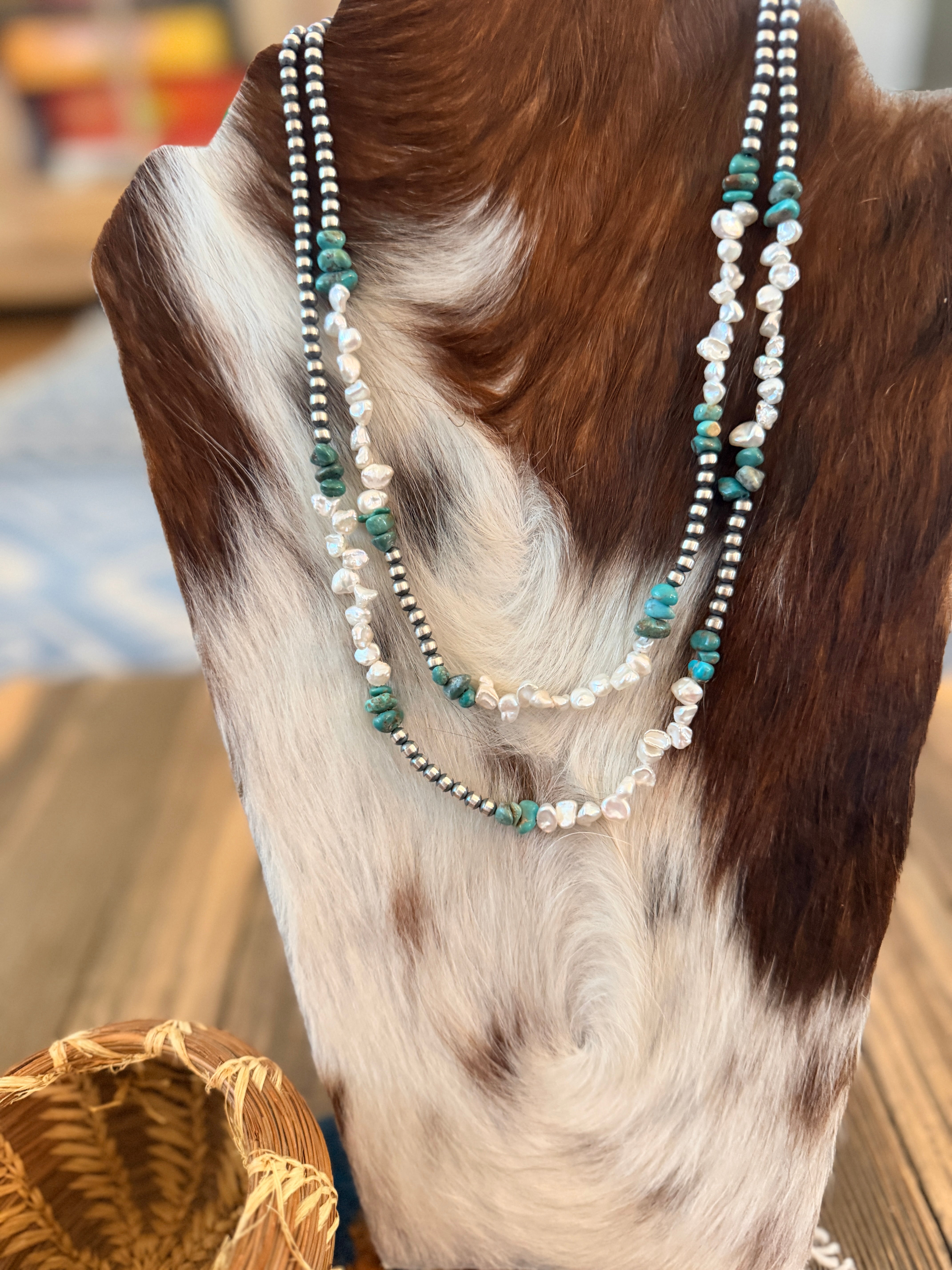Handcrafted Turquoise, Mother of Pearl and Sterling Silver Pearl Beaded Necklace