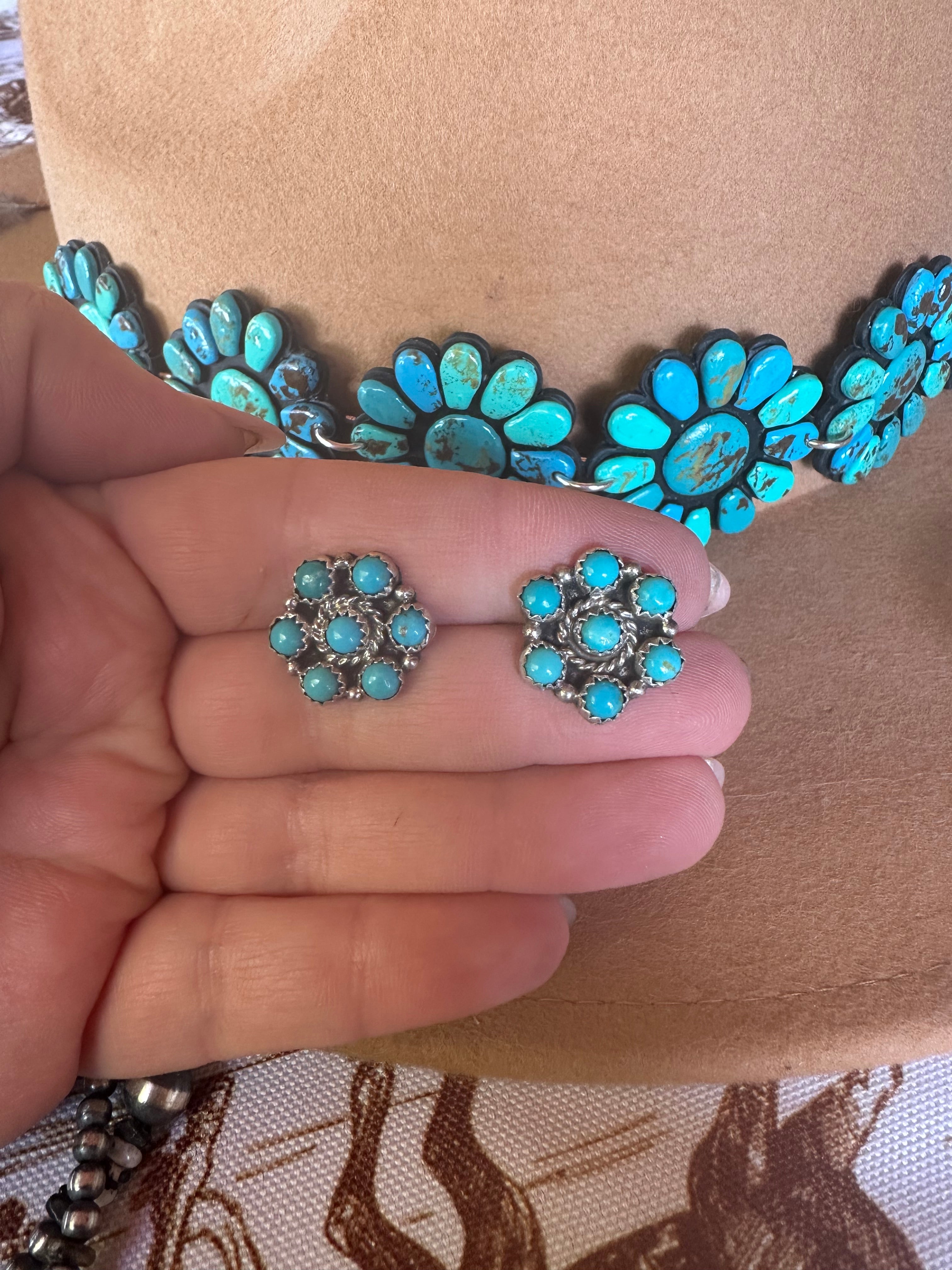 Handcrafted Turquoise And Sterling Silver 7 Stone Flower Post Earrings