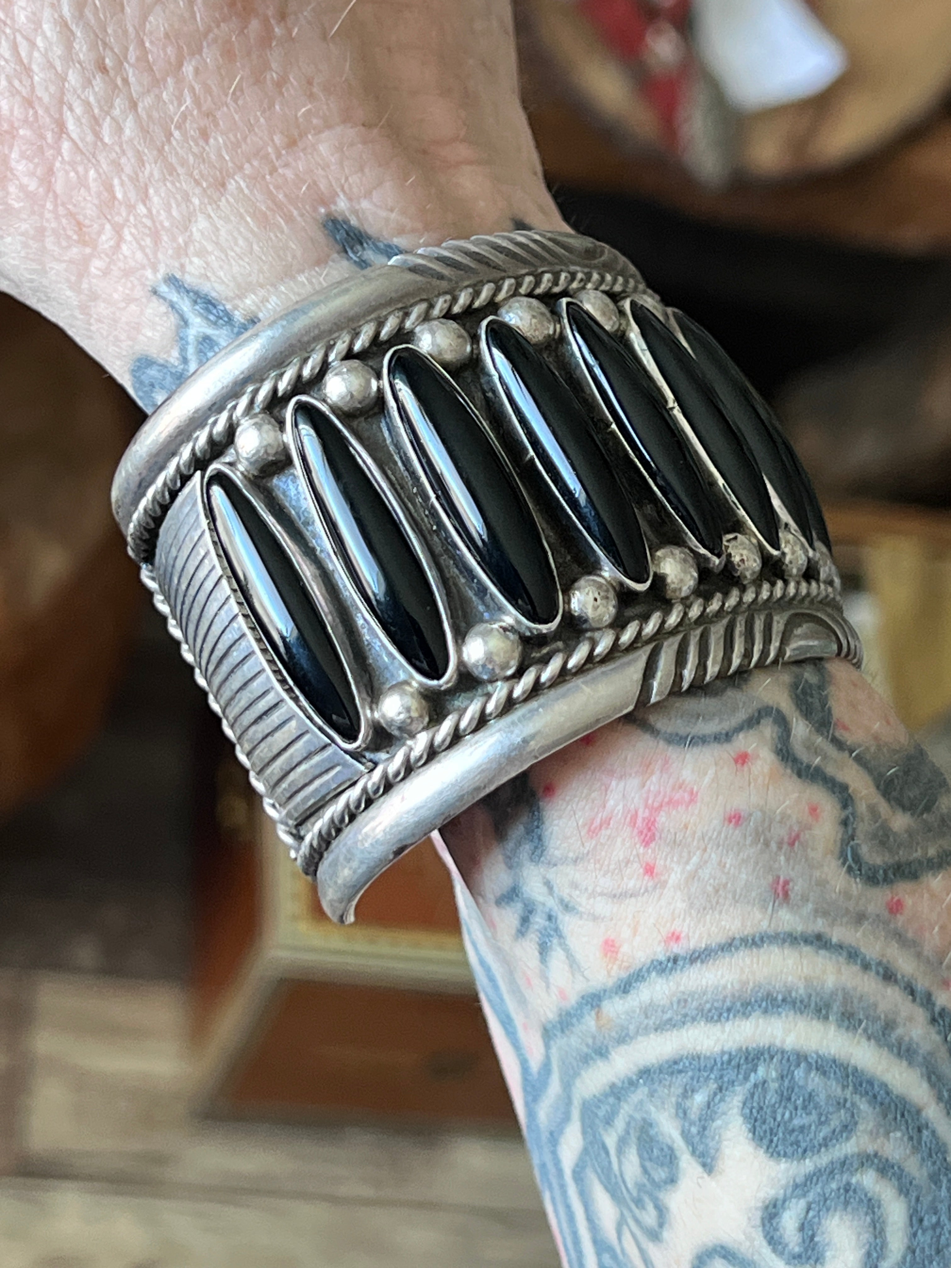 Old Pawn Sterling Silver and Black Onyx Cuff Bracelet by Tommy Moore