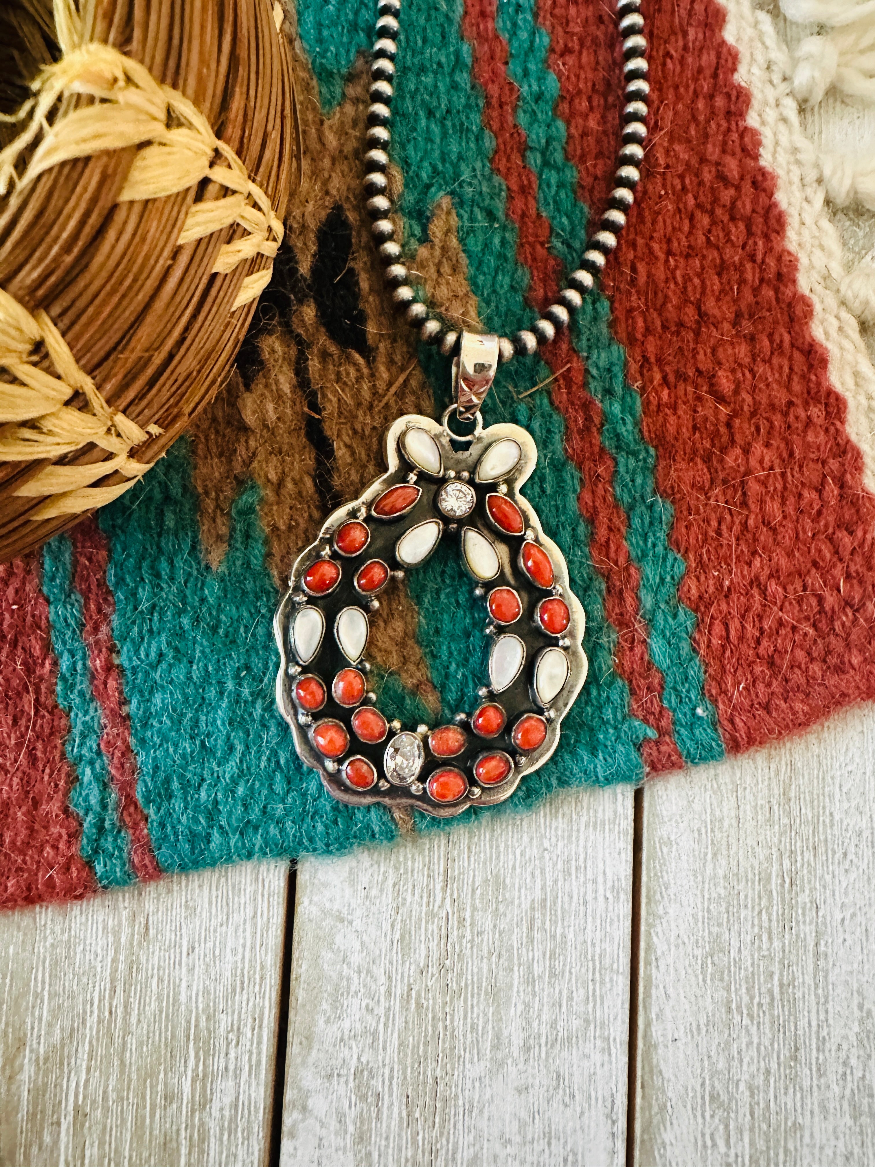 ** Christmas Collection ** Handmade Sterling Silver, Coral, Mother of Pearl & CZ Wreath Pendant Signed Nizhoni