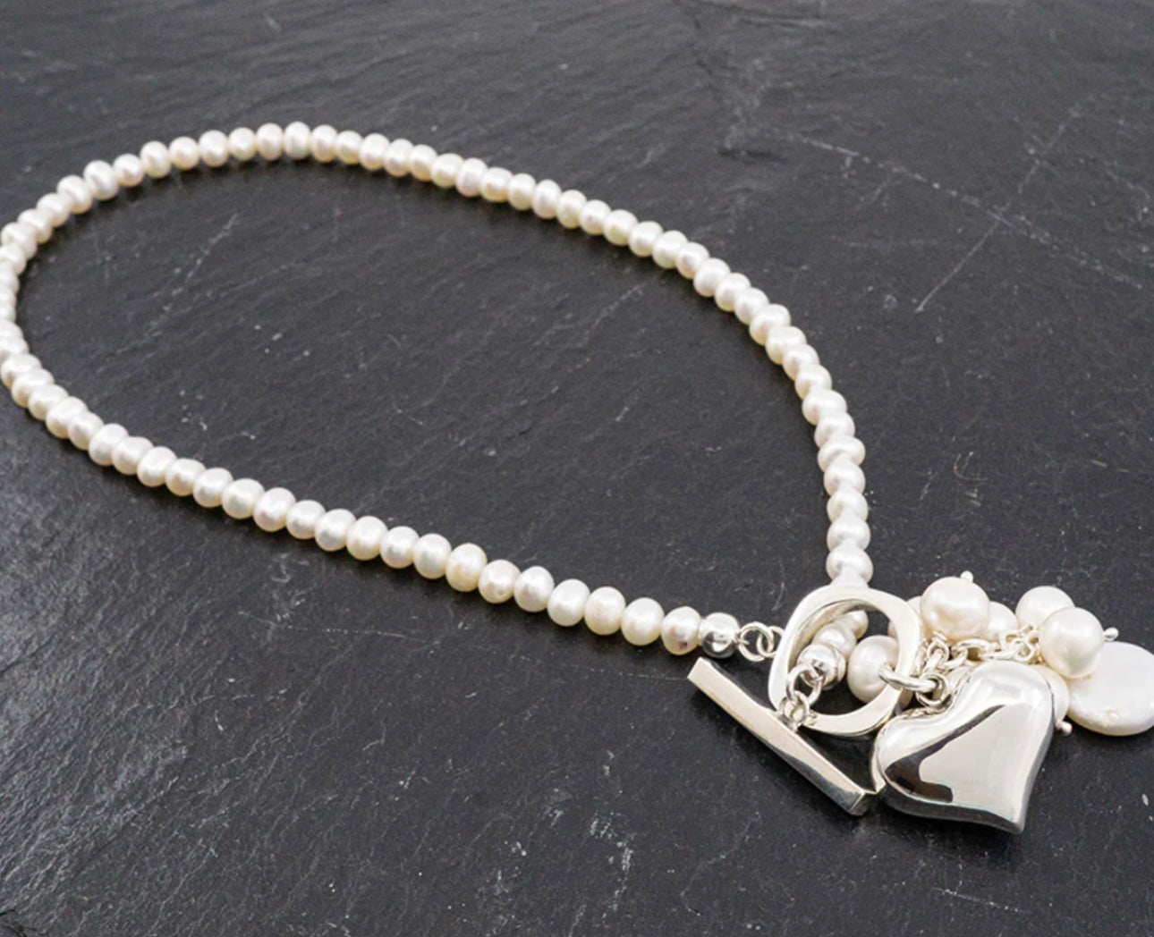 Pearl Cluster Necklace Sterling Silver Heart & Toggle