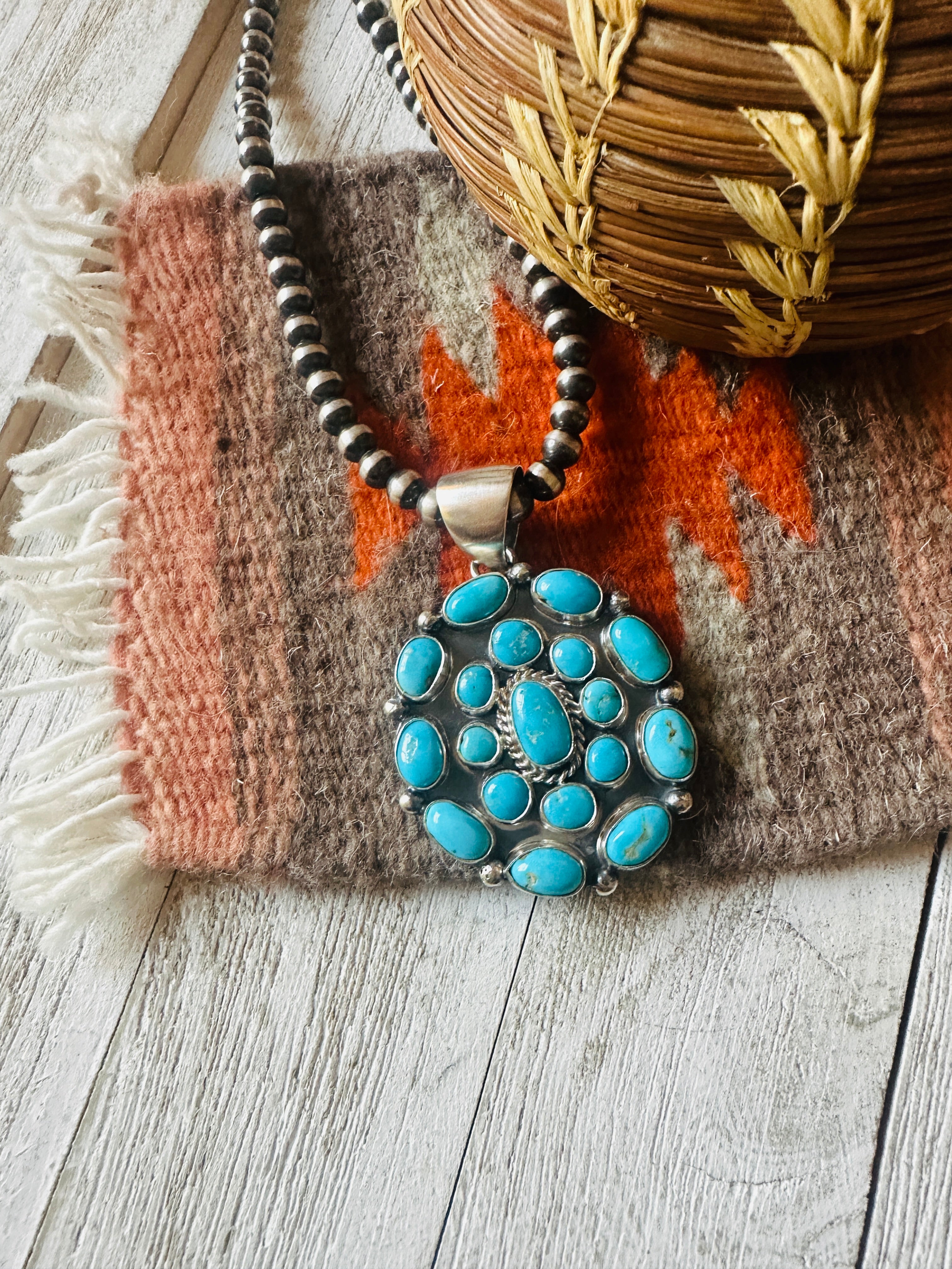 Handcrafted Sterling Silver & Kingman Turquoise Cluster Pendant