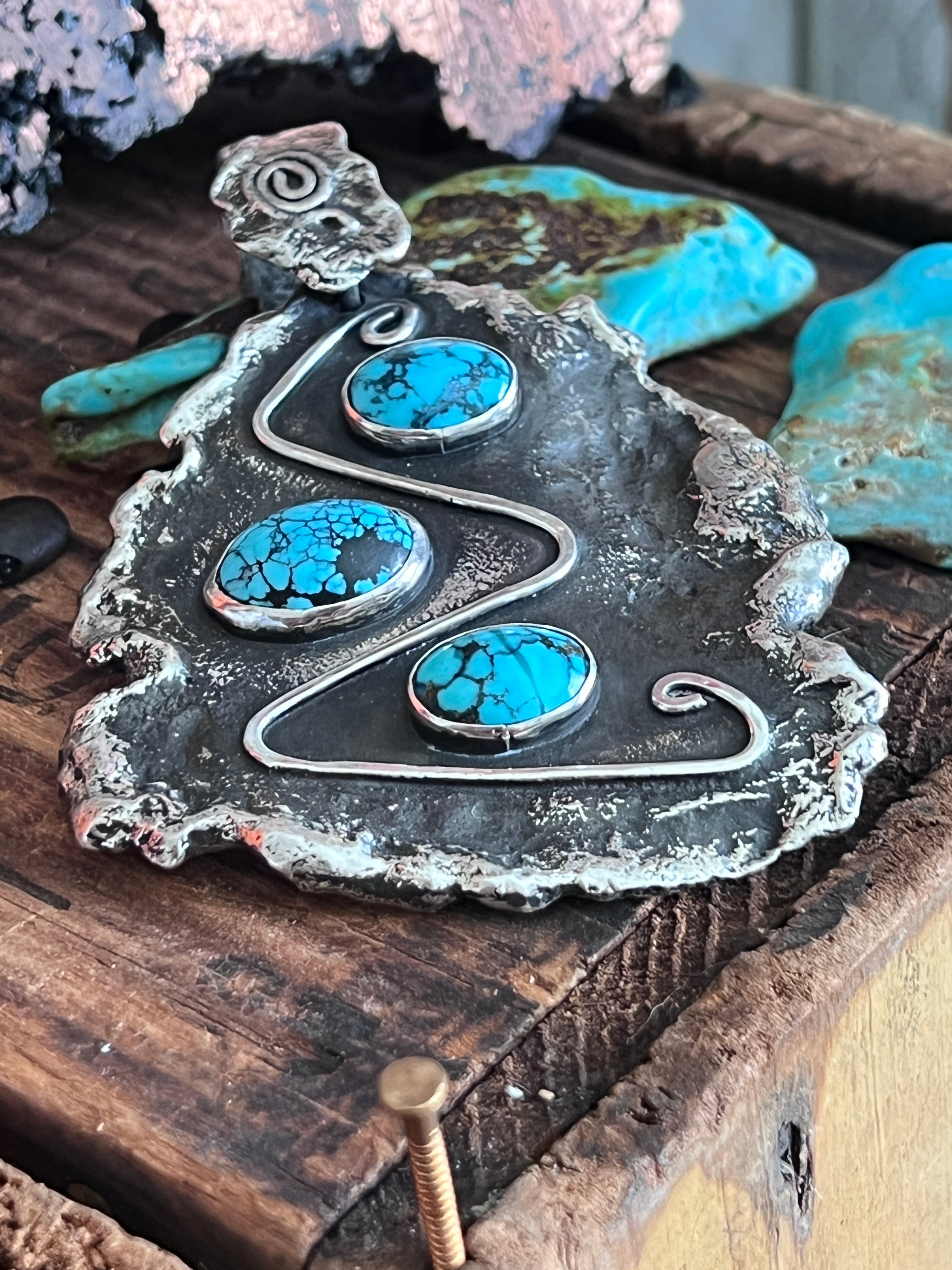 Vintage Artisan Sterling Silver and Turquoise Brutalist Style Pendant Signed Sandee Kelly