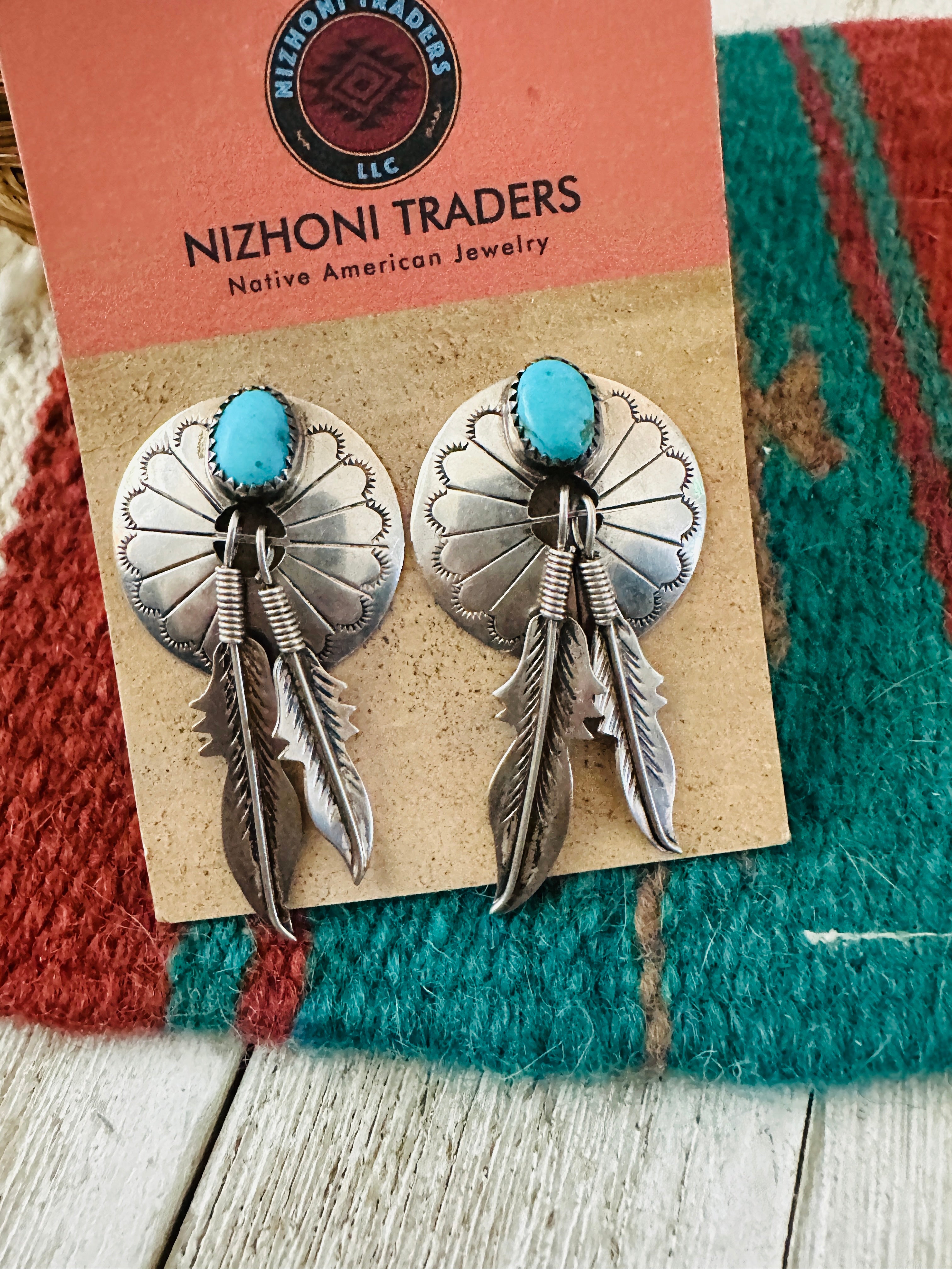 Handcrafted Old Pawn Kingman Turquoise & Sterling Silver Feather Concho Dangle Earrings