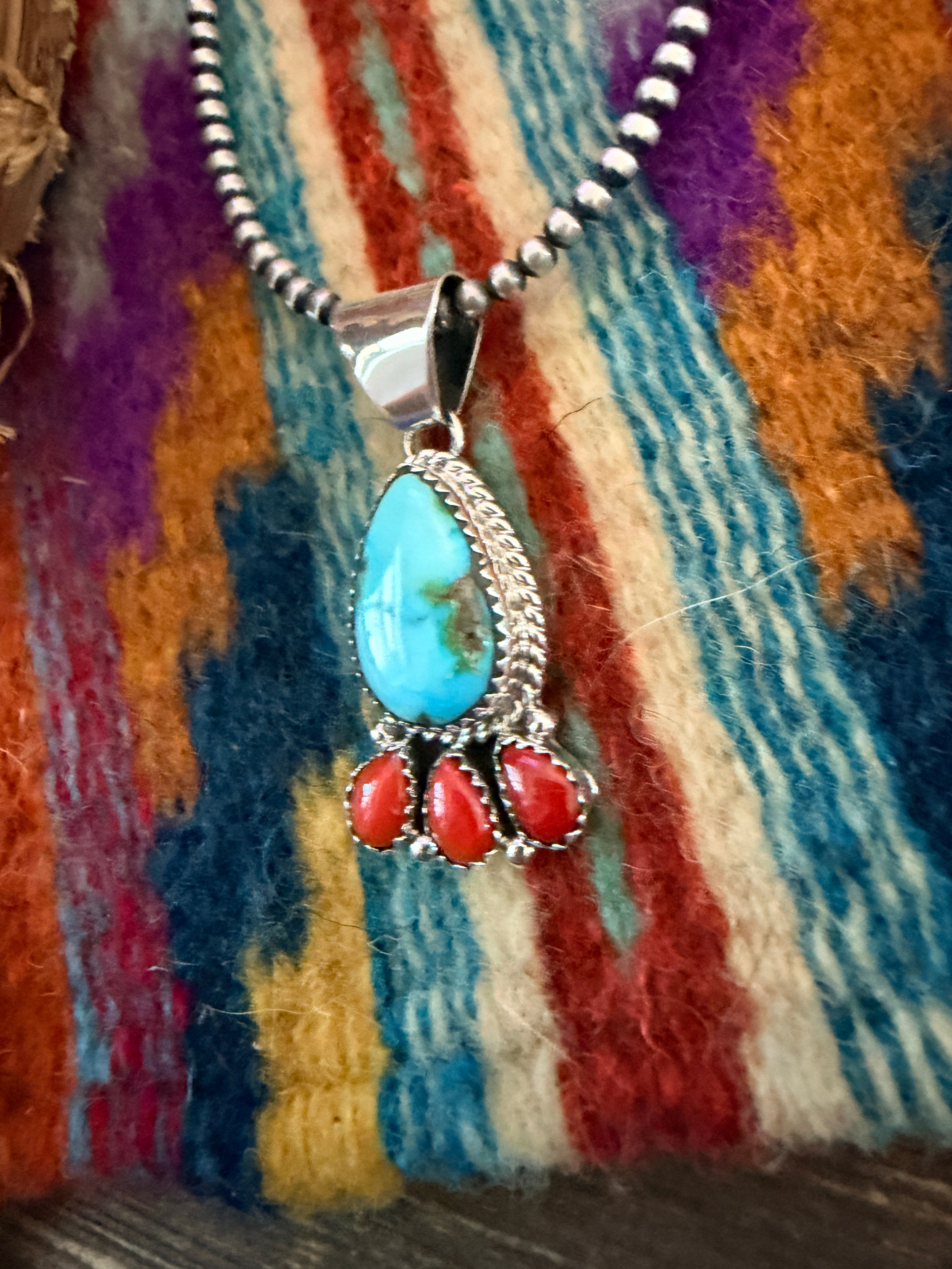 Handcrafted Turquoise, Coral and Sterling Silver Cluster Pendant by Julia Etsitty