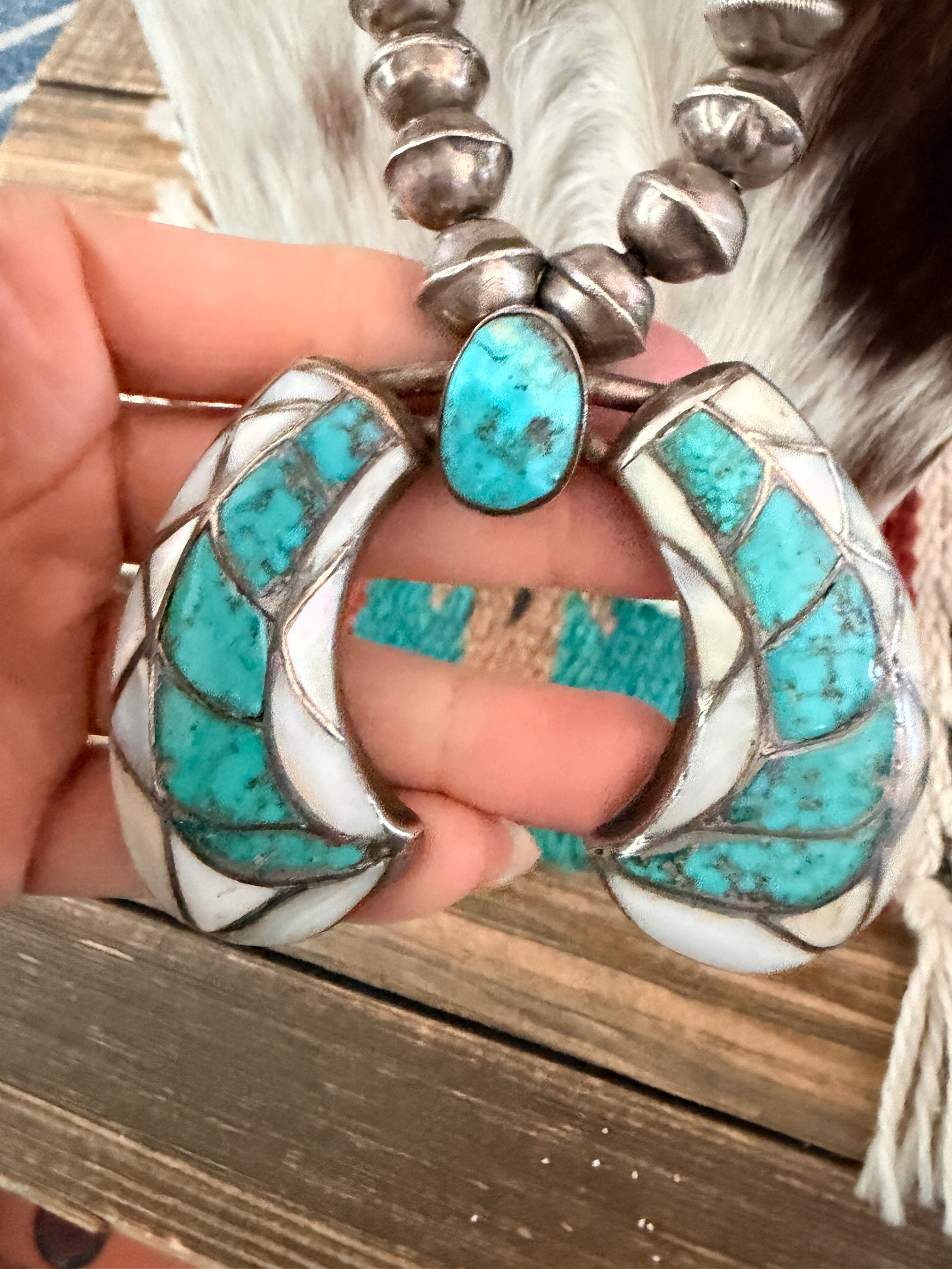 Old Pawn Handcrafted Turquoise, Mother of Pearl & Sterling Silver Beaded Squash Blossom Necklace