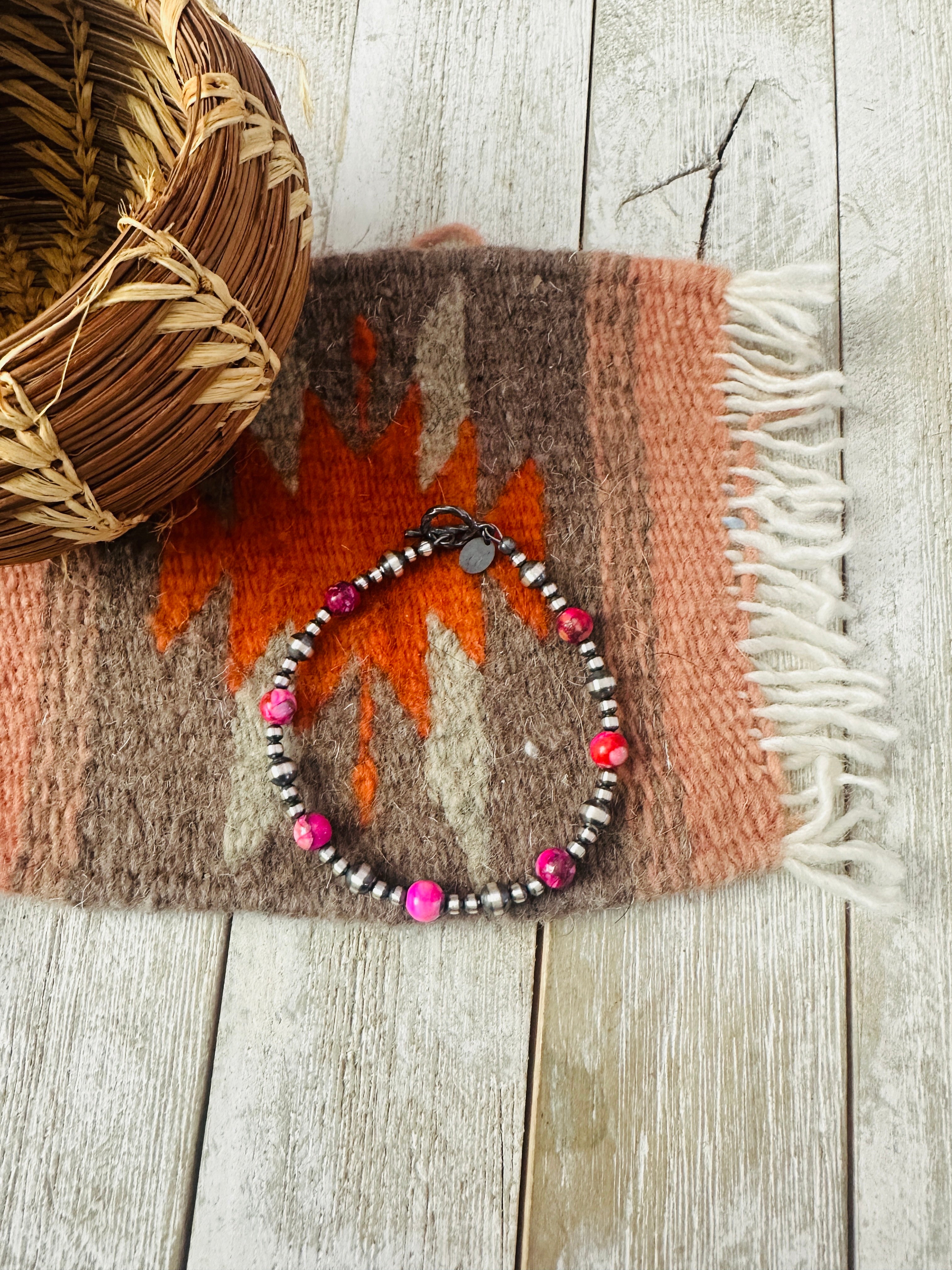 Handcrafted Pink Mojave and Sterling Silver Pearl Beaded Bracelet