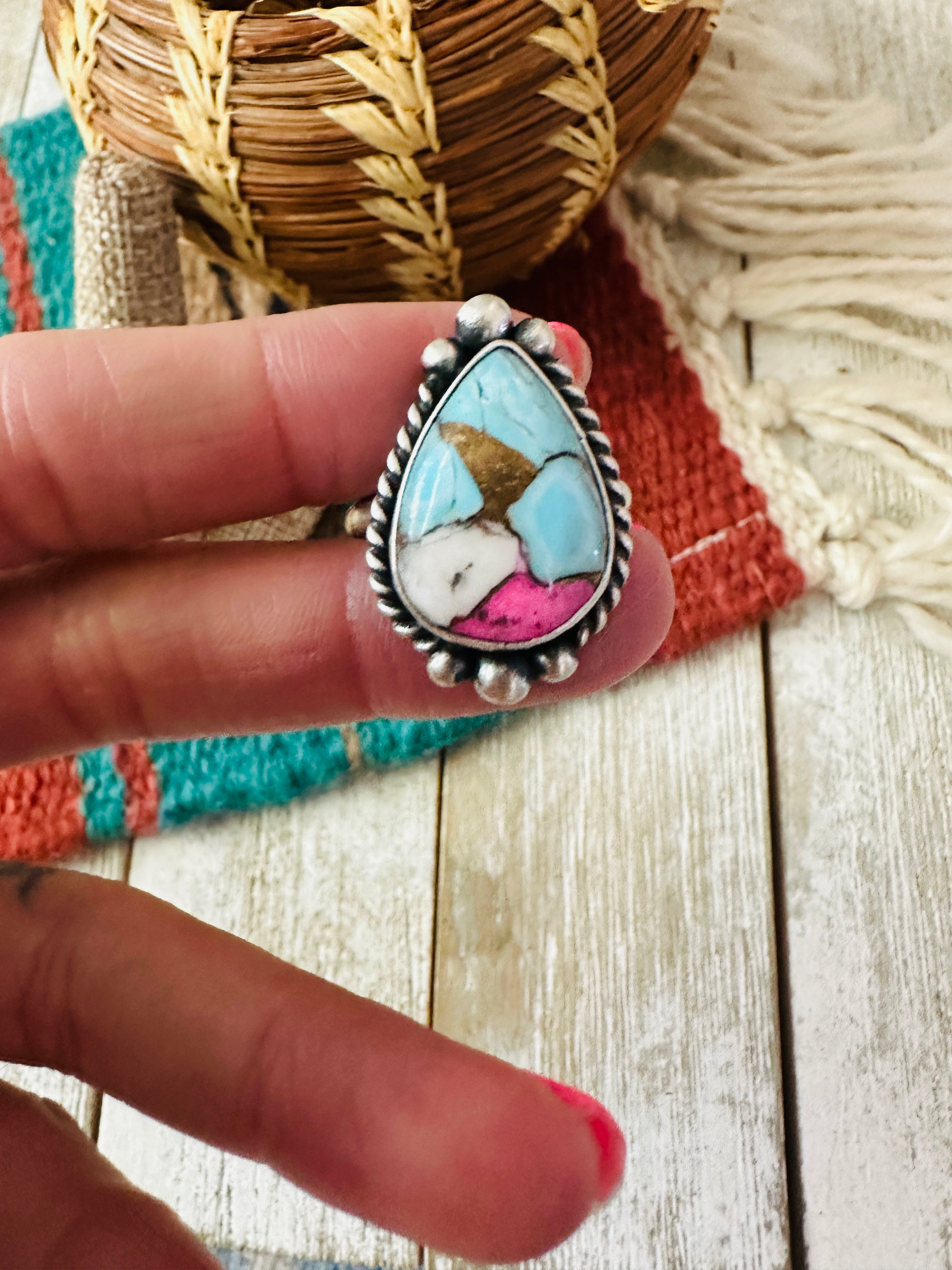Handcrafted Sterling Silver & Cotton Candy Teardrop Adjustable Ring