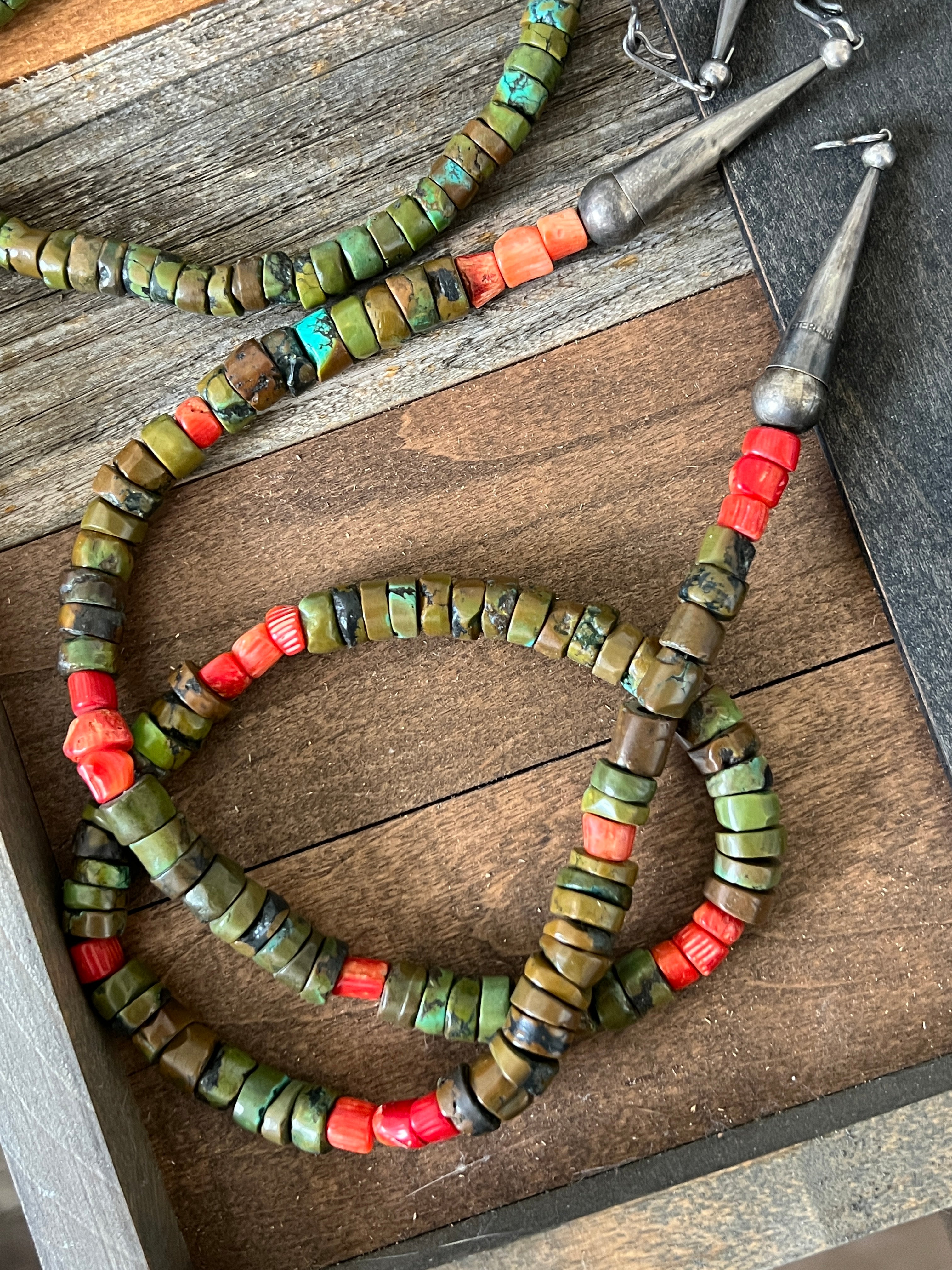 Handcrafted Hubei Turquoise Beaded Necklace with Sterling Silver and Bamboo Coral by Kirby Smith: 13 To Choose From!