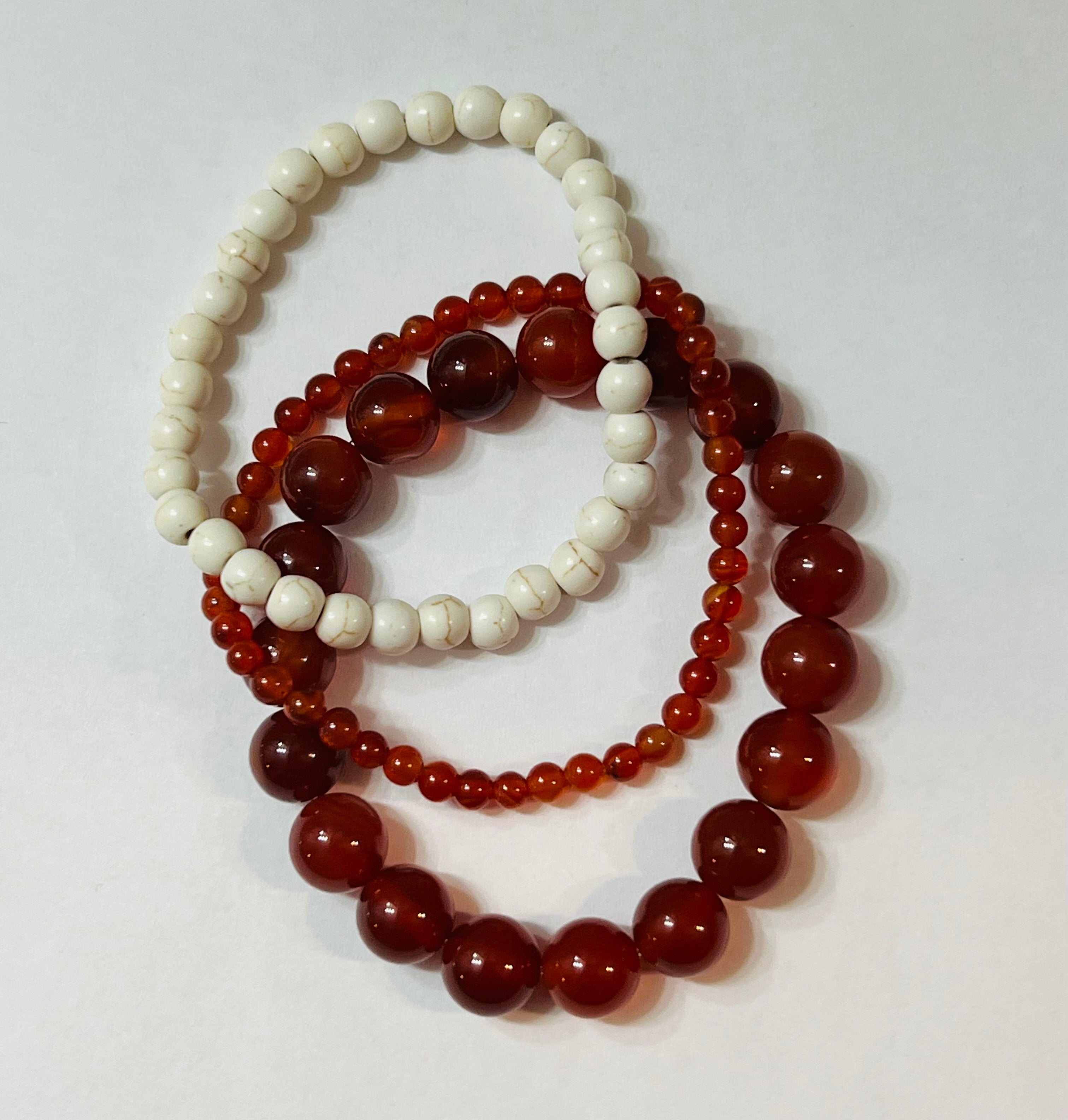 Red Agate, Cream Howlite Stretch Bracelet Set of 3
