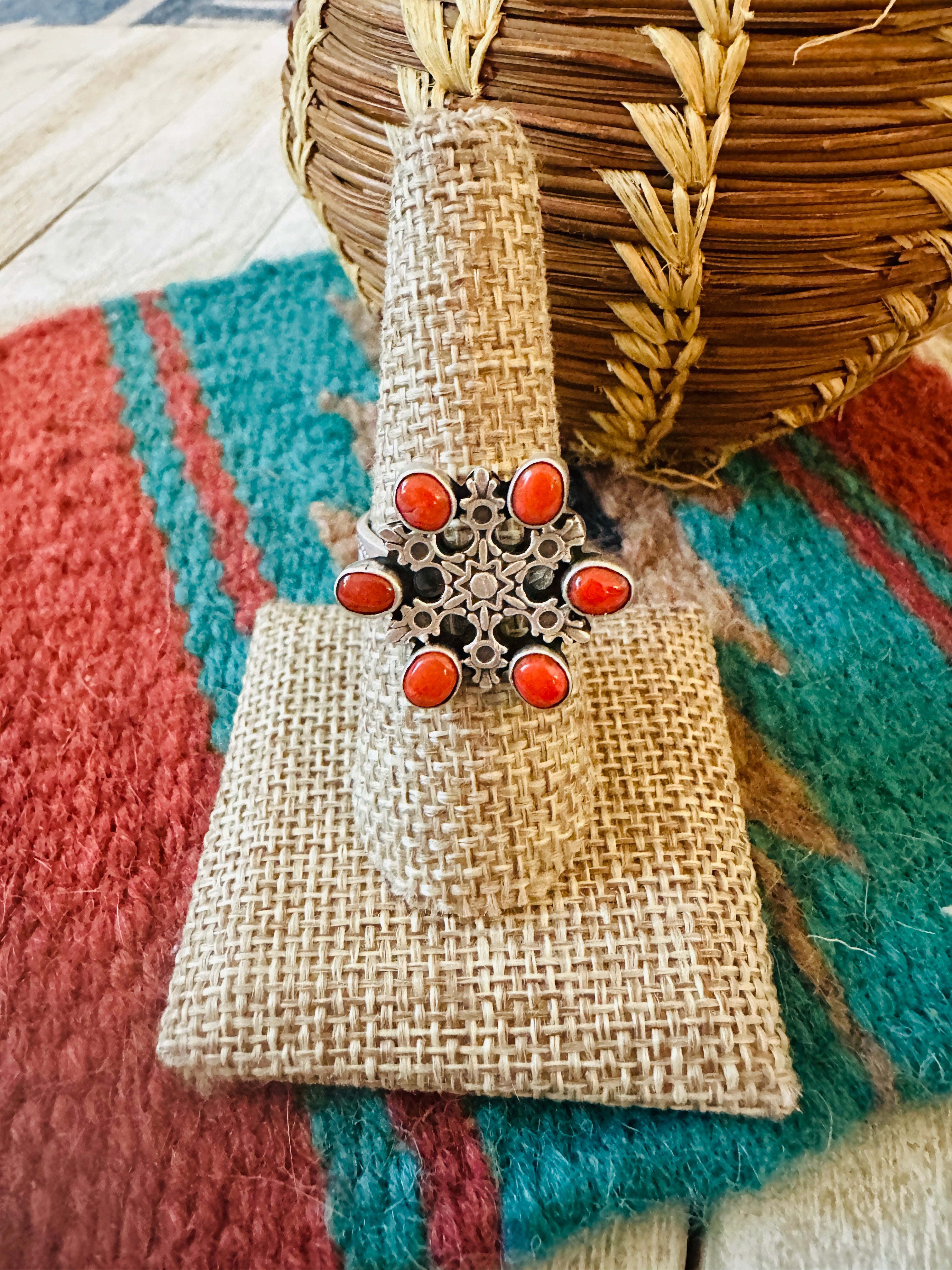 ** Christmas Collection ** Handmade Sterling Silver & Coral Adjustable Snowflake Ring Signed Nizhoni