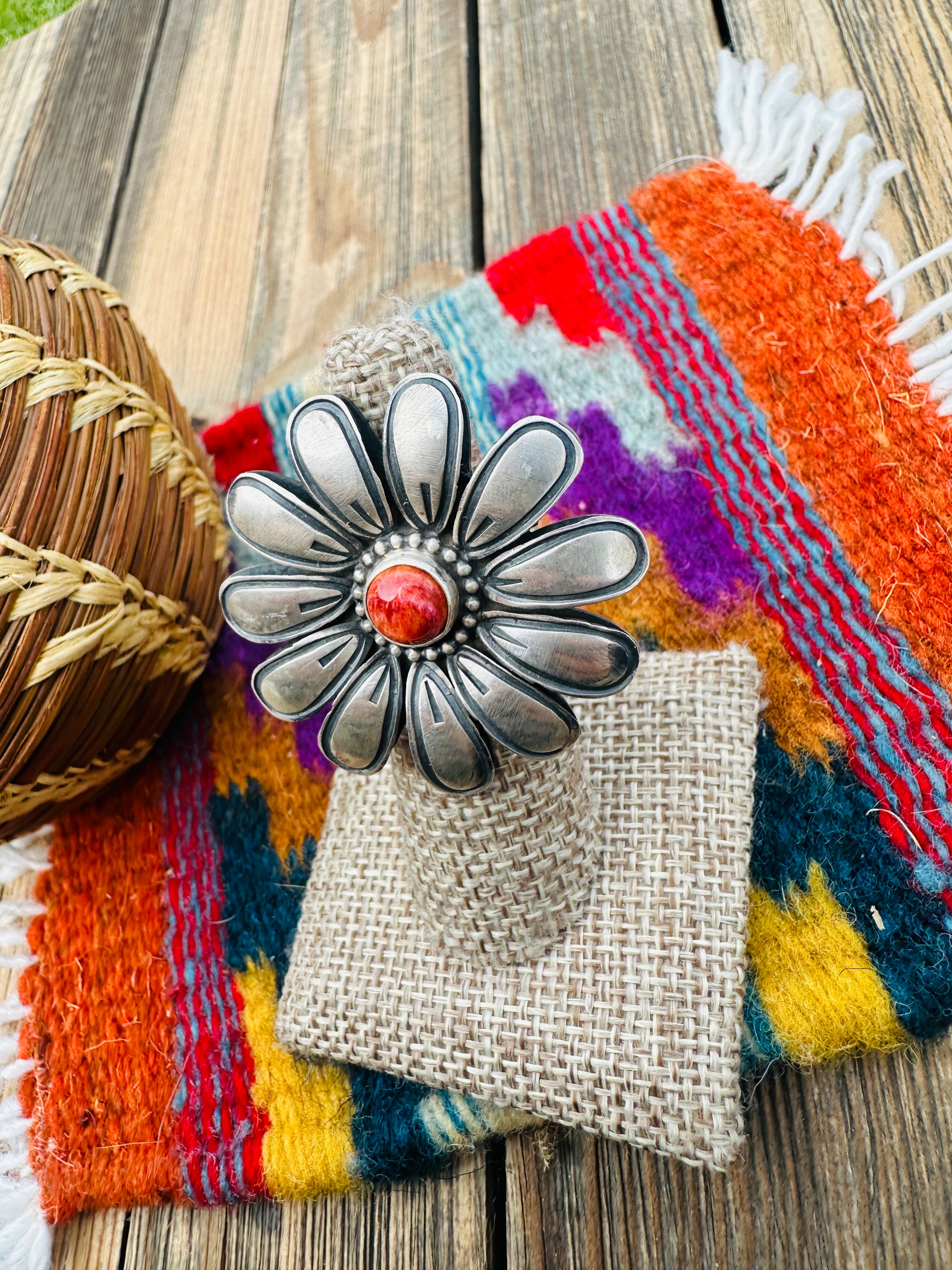 Handcrafted Spiny Oyster & Sterling Silver Flower Ring Size 6 by Paul Livingston