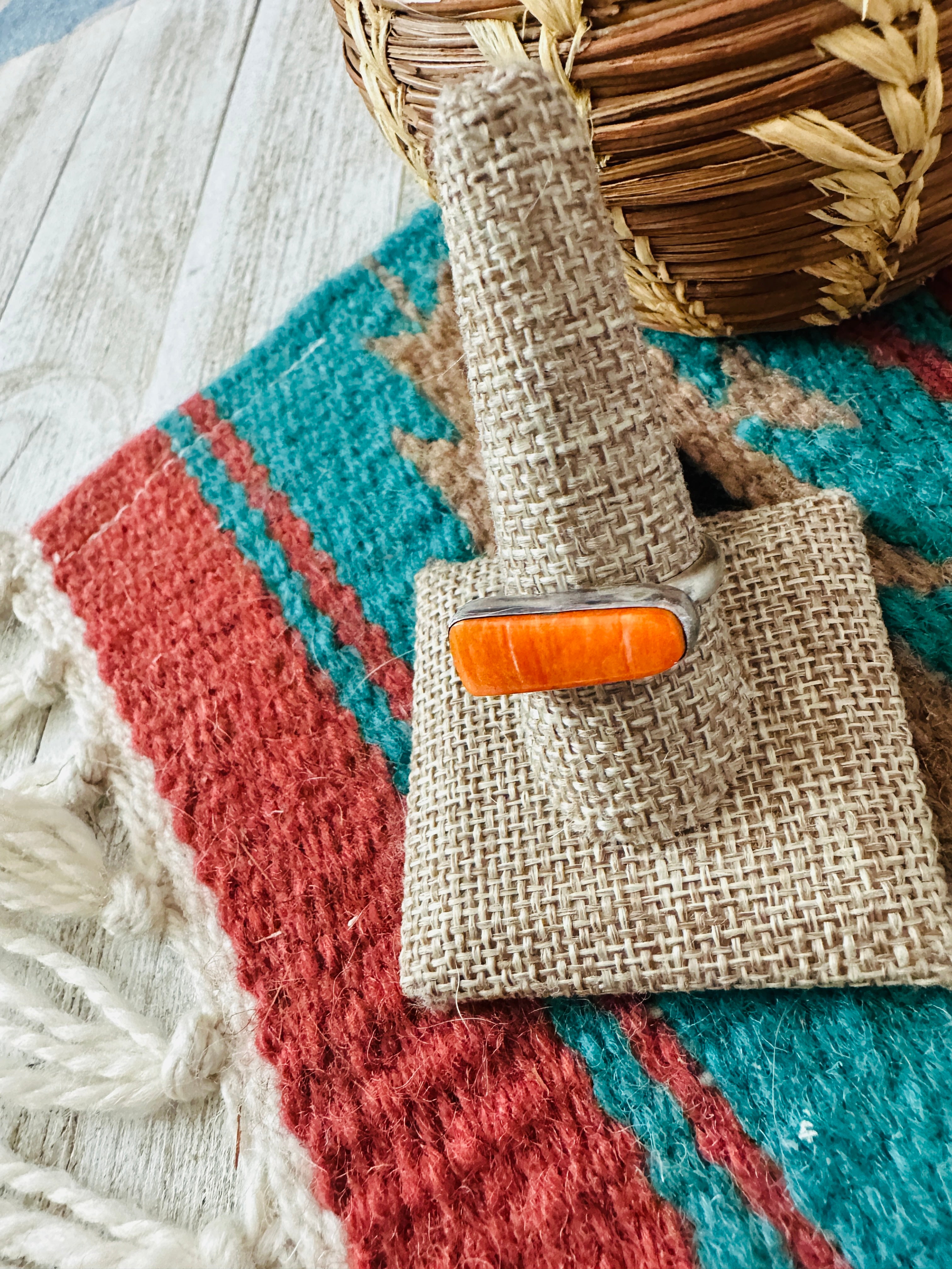 Handcrafted Sterling Silver & Orange Spiny Band Ring Size 10
