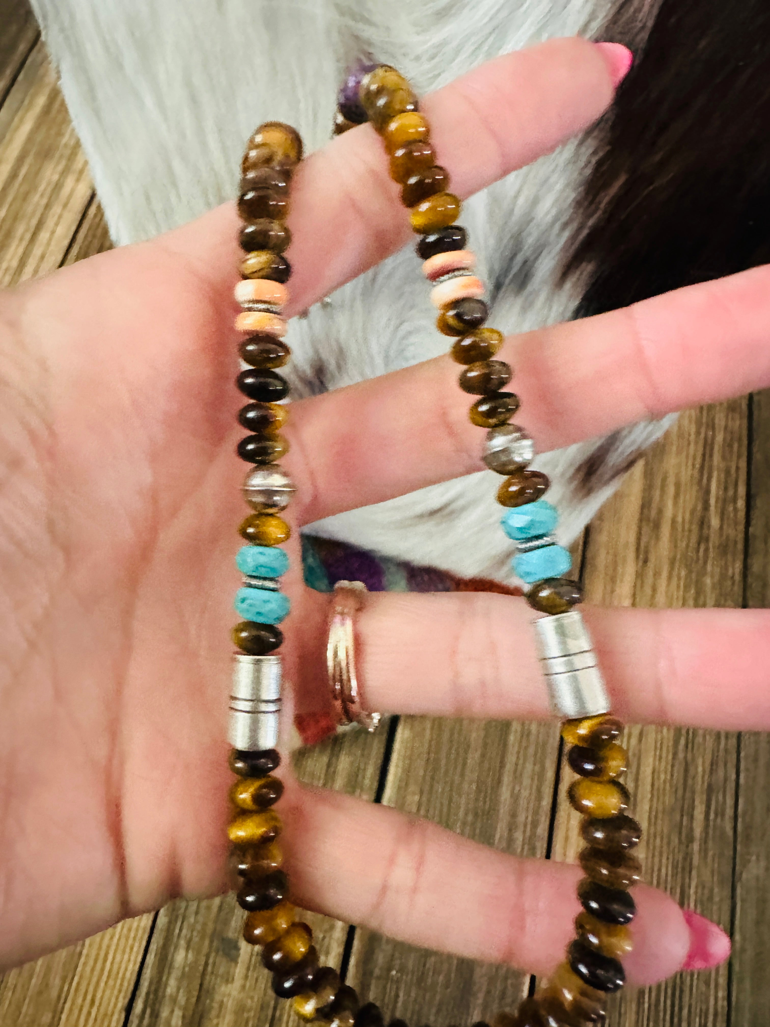 Handcrafted Multi Stone & Sterling Silver Beaded 16” Necklace by T & R Singer