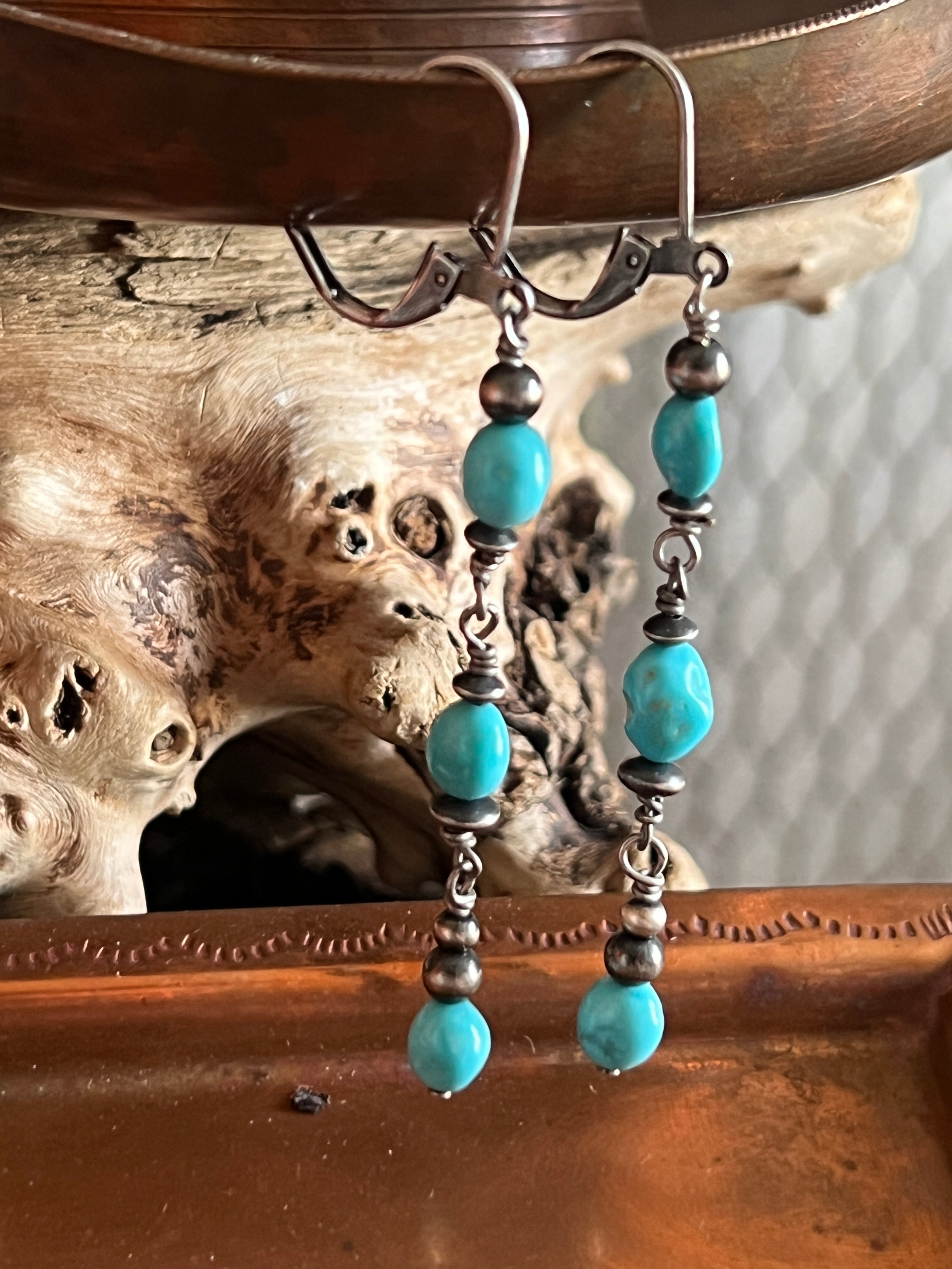 Handcrafted Sterling Silver and Sleeping Beauty Turquoise Beaded Dangle Earrings, Leverbacks