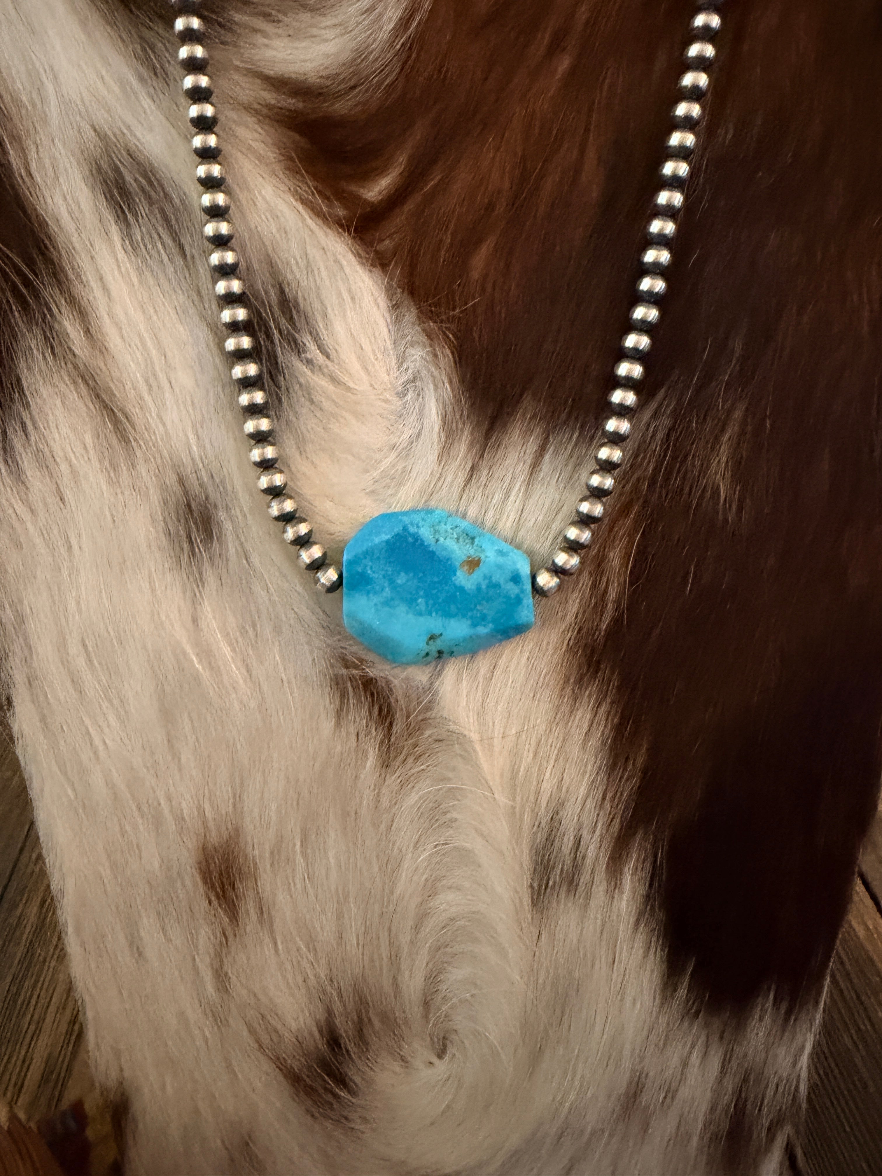 Handcrafted Kingman Turquoise & Sterling Silver Pearl 18” Beaded Necklace