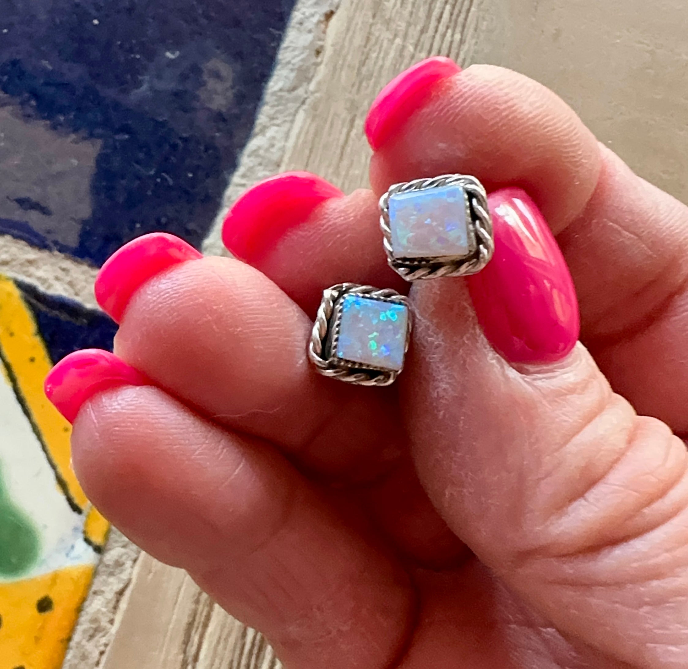 Handcrafted White Opal Inlay & Sterling Silver Stud Earrings