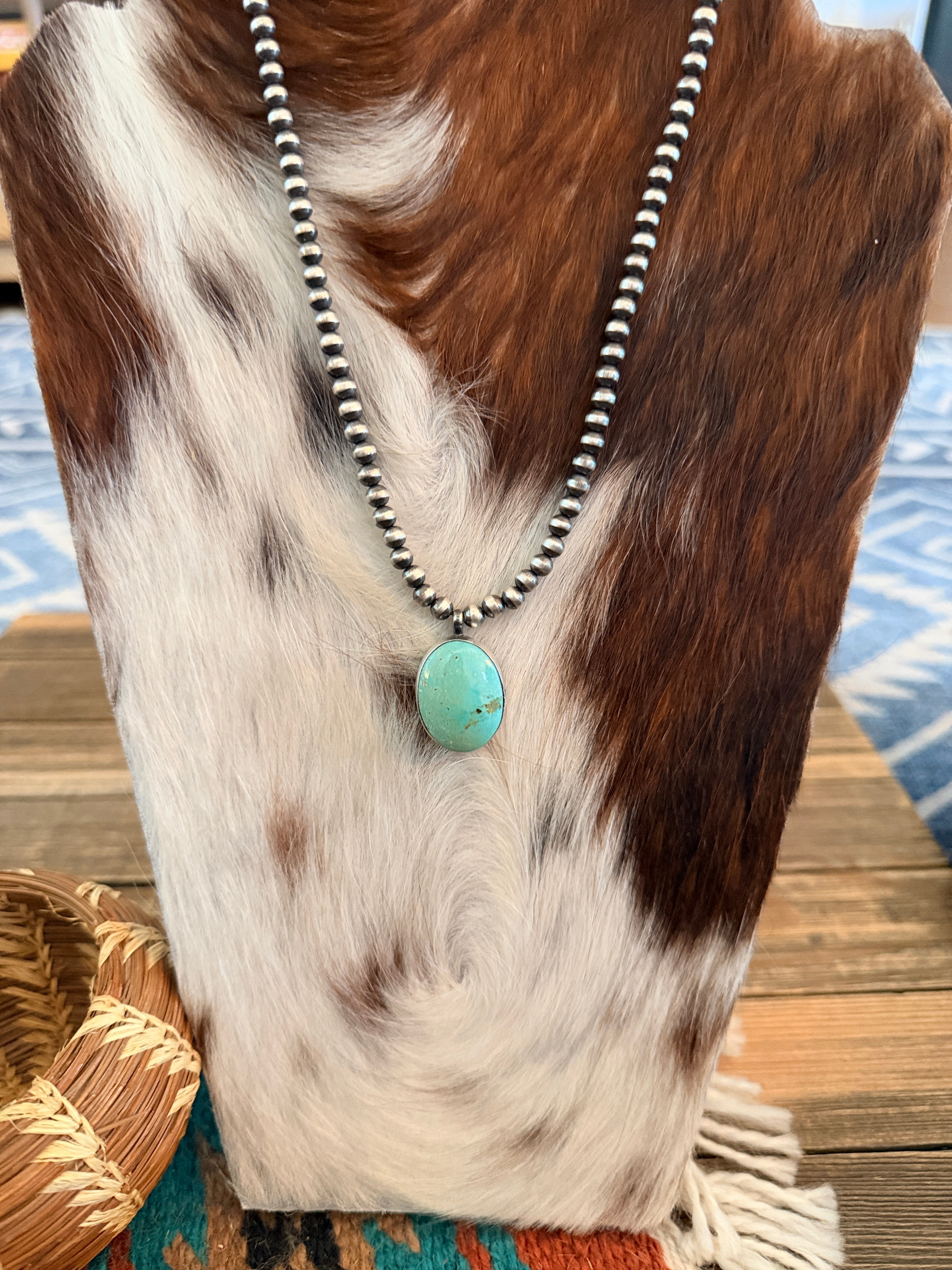 Handcrafted Turquoise & 5mm Sterling Silver Pearl 18” Beaded Necklace