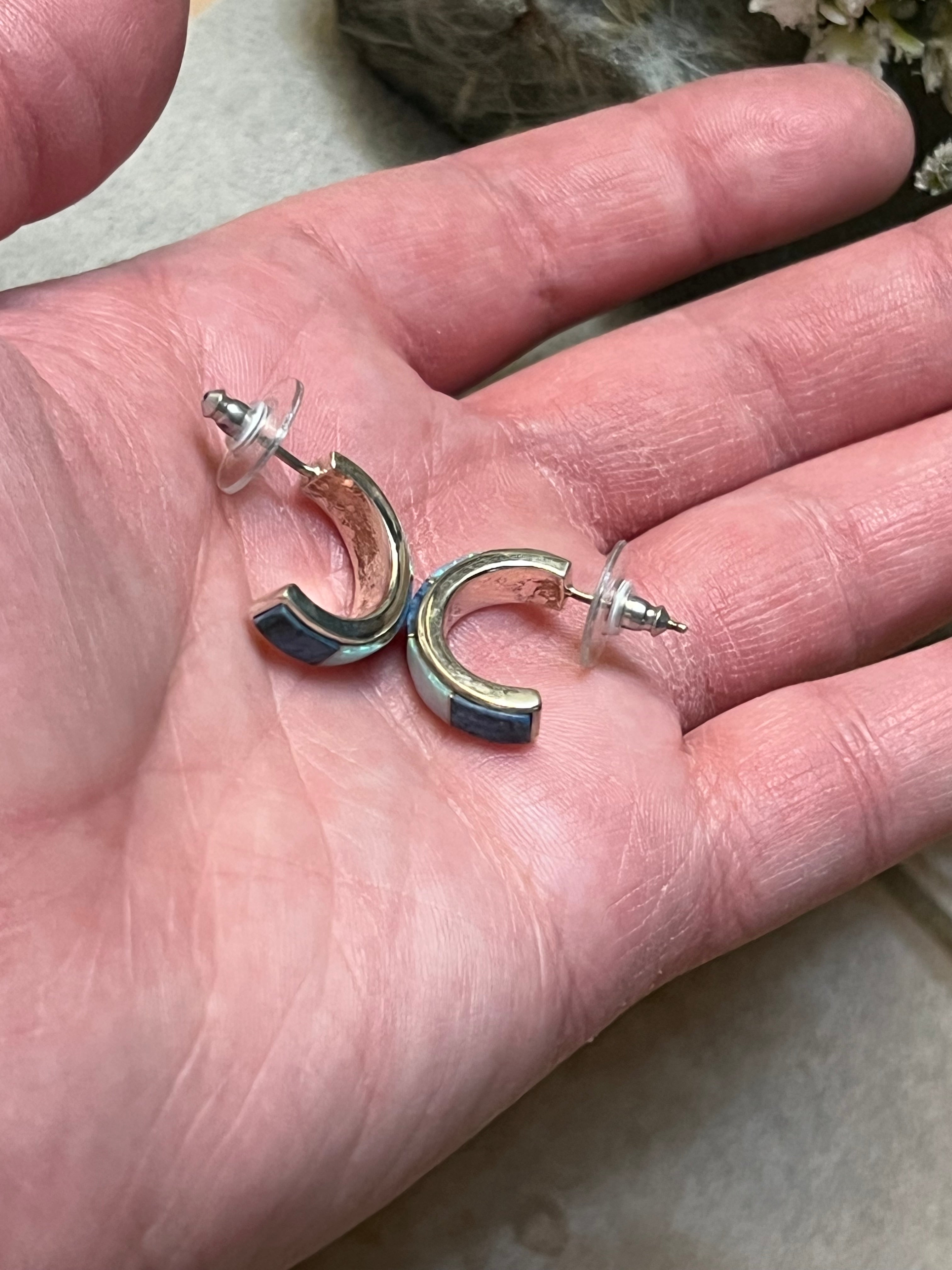 Handmade Sterling Silver With Blue, White, & Purple Opal Hoop Post Earrings