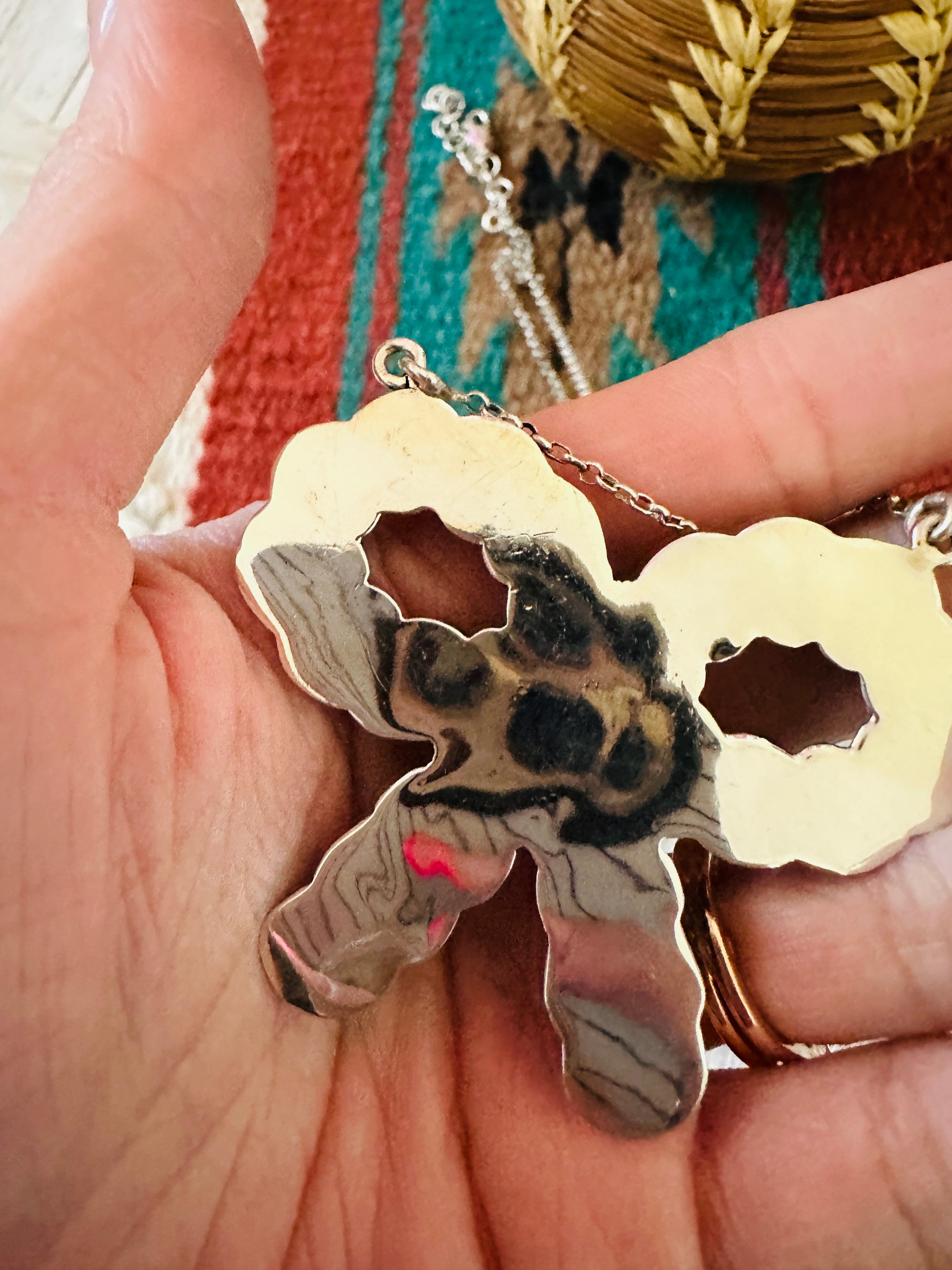 ** Christmas Collection ** Handmade Sterling Silver, Mother of Pearl & CZ Bow Necklace Signed Nizhoni