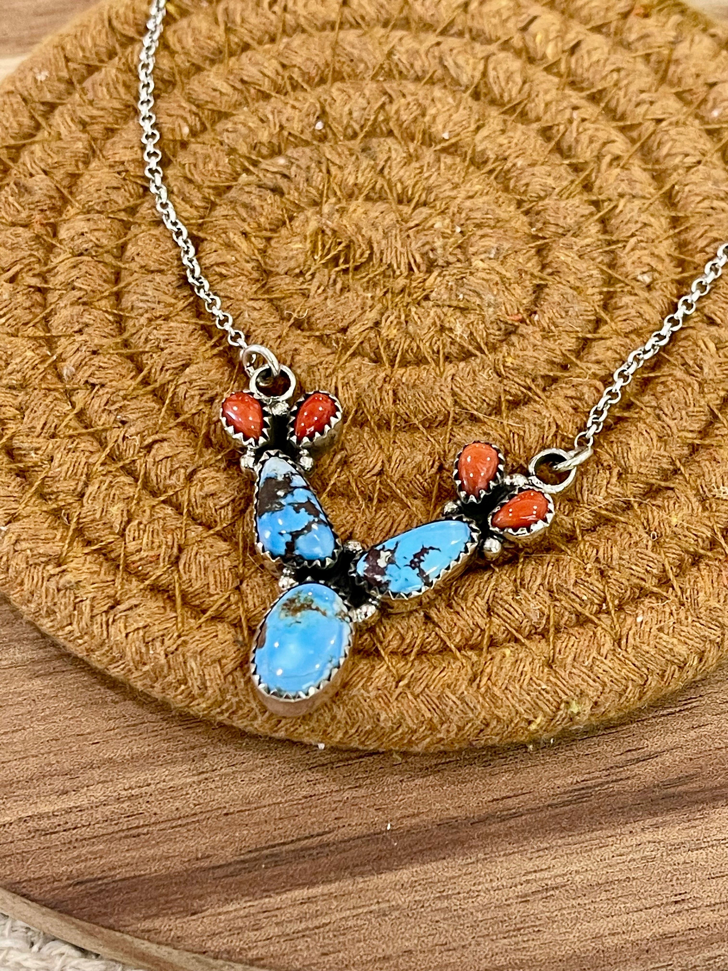 Handmade Sterling Silver, Golden Hills Turquoise & Coral Necklace Signed Nizhoni