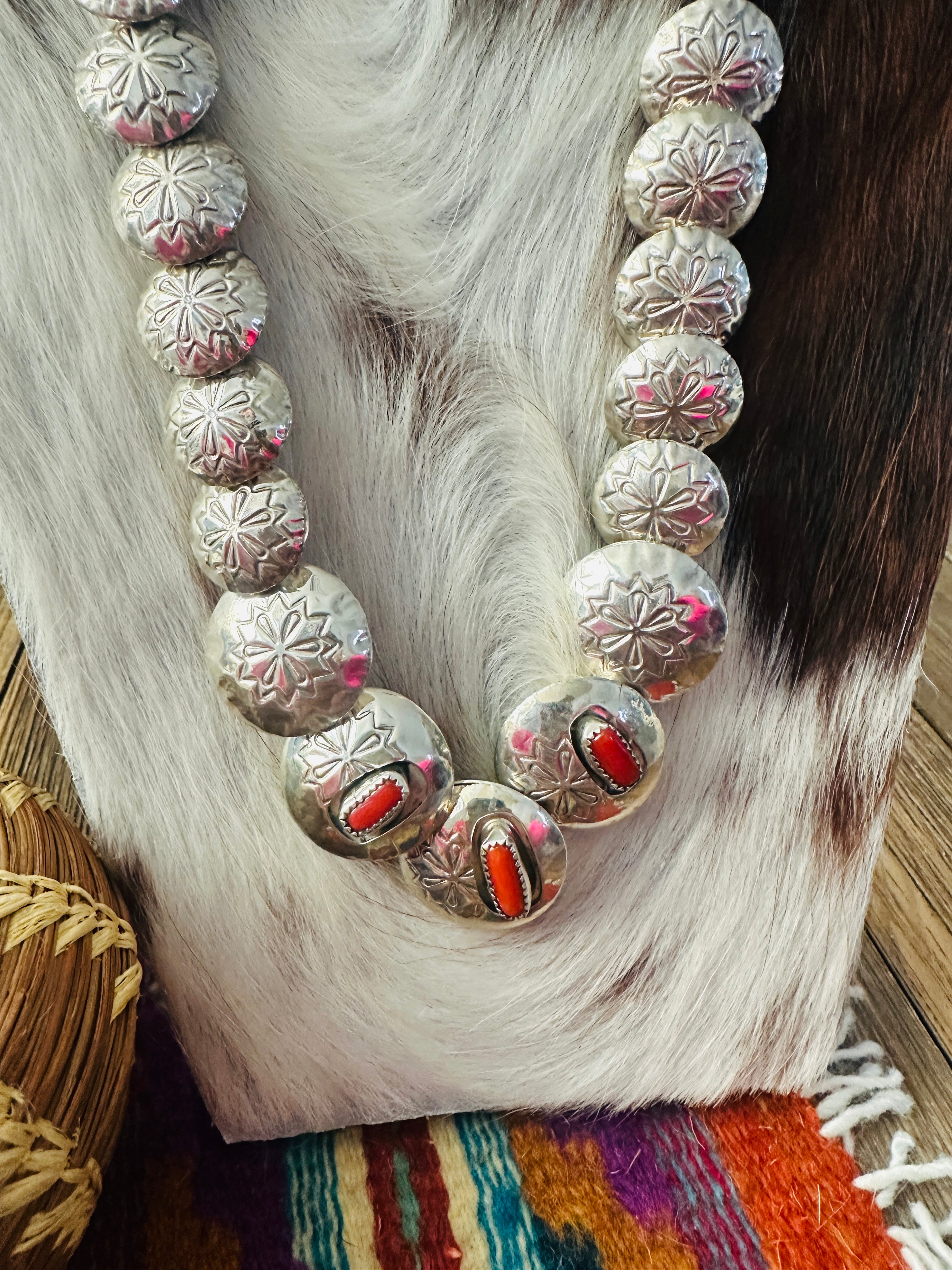 Old Pawn Handcrafted Turquoise, Coral & Sterling Silver Pillow Bead Reversible Necklace