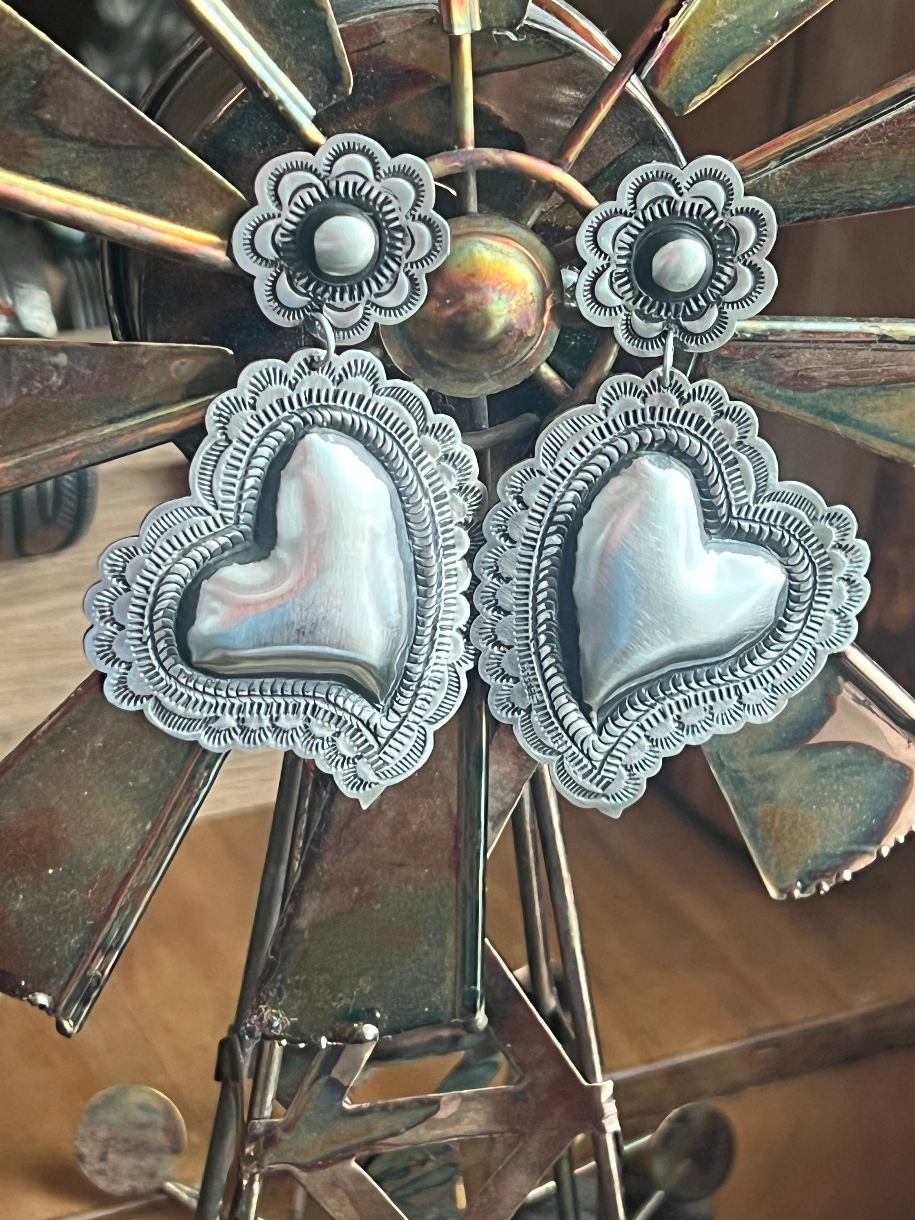 Handcrafted Sterling Silver Stamped Repousse Heart Earrings by Leander Tahe, AH2