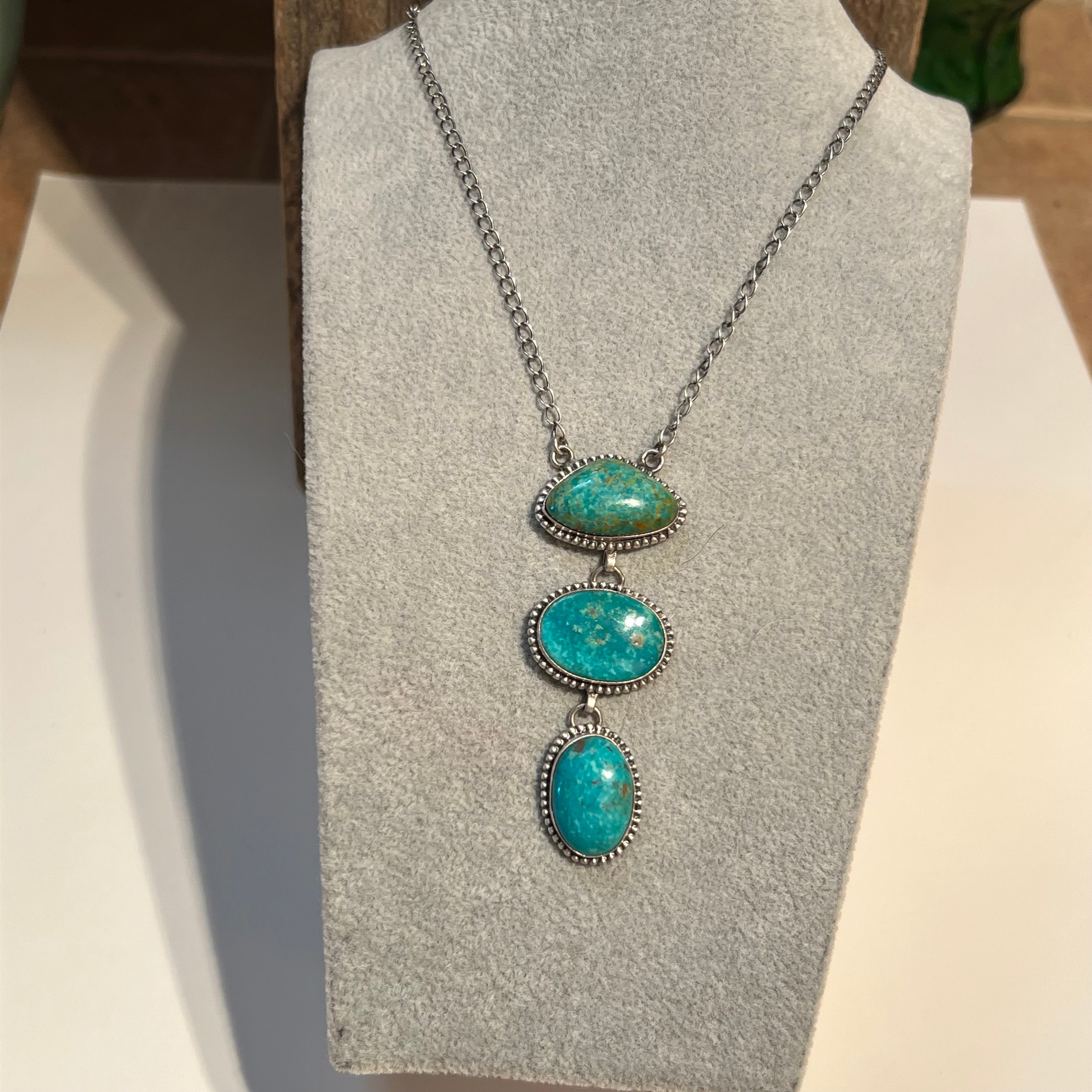 Handmade 3 Stone Turquoise & Sterling Silver Drop Necklace (01)