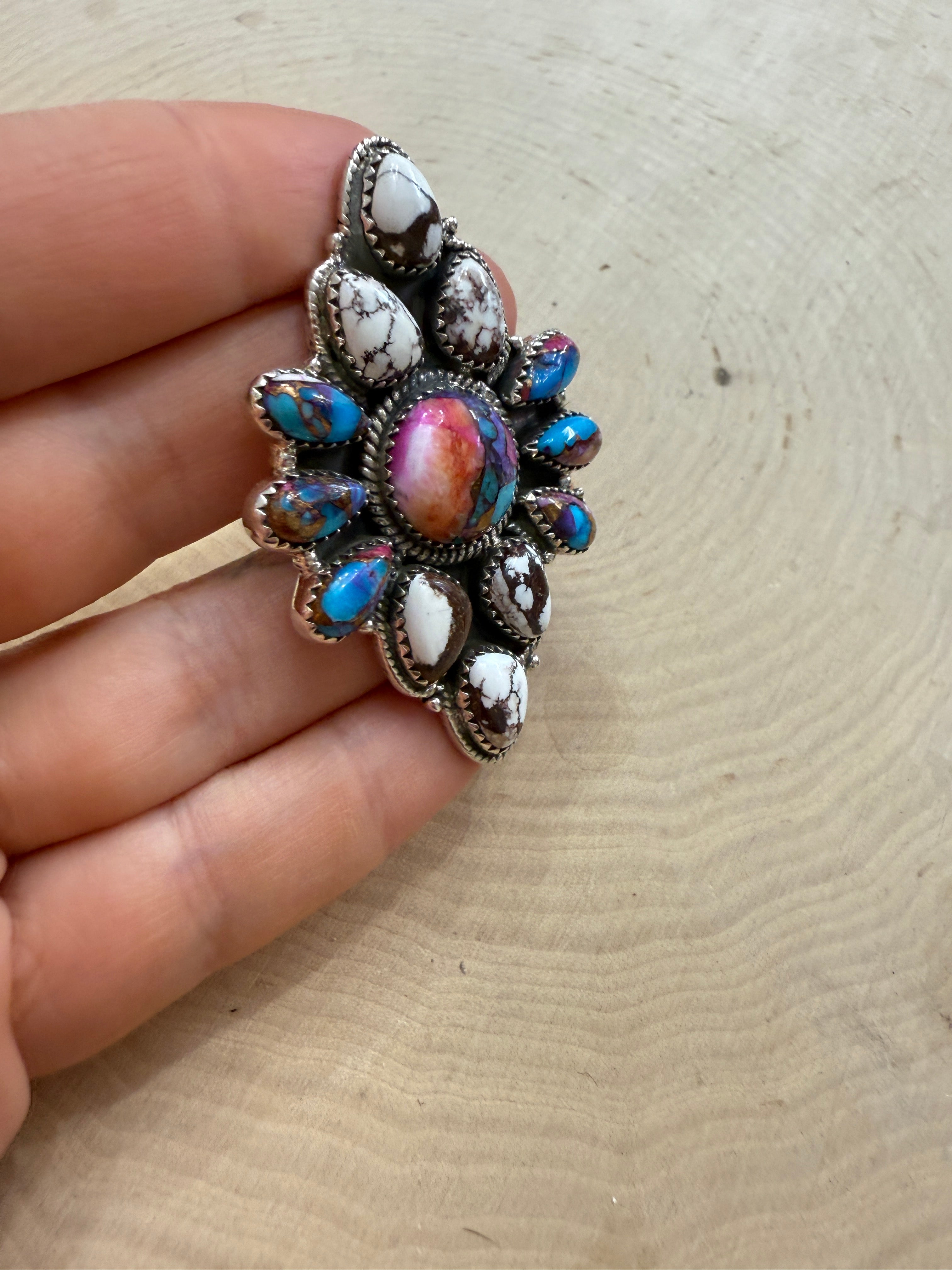 Beautiful Handmade Wild Horse, Pink Dream Mojave And Sterling Silver Adjustable Statement Ring