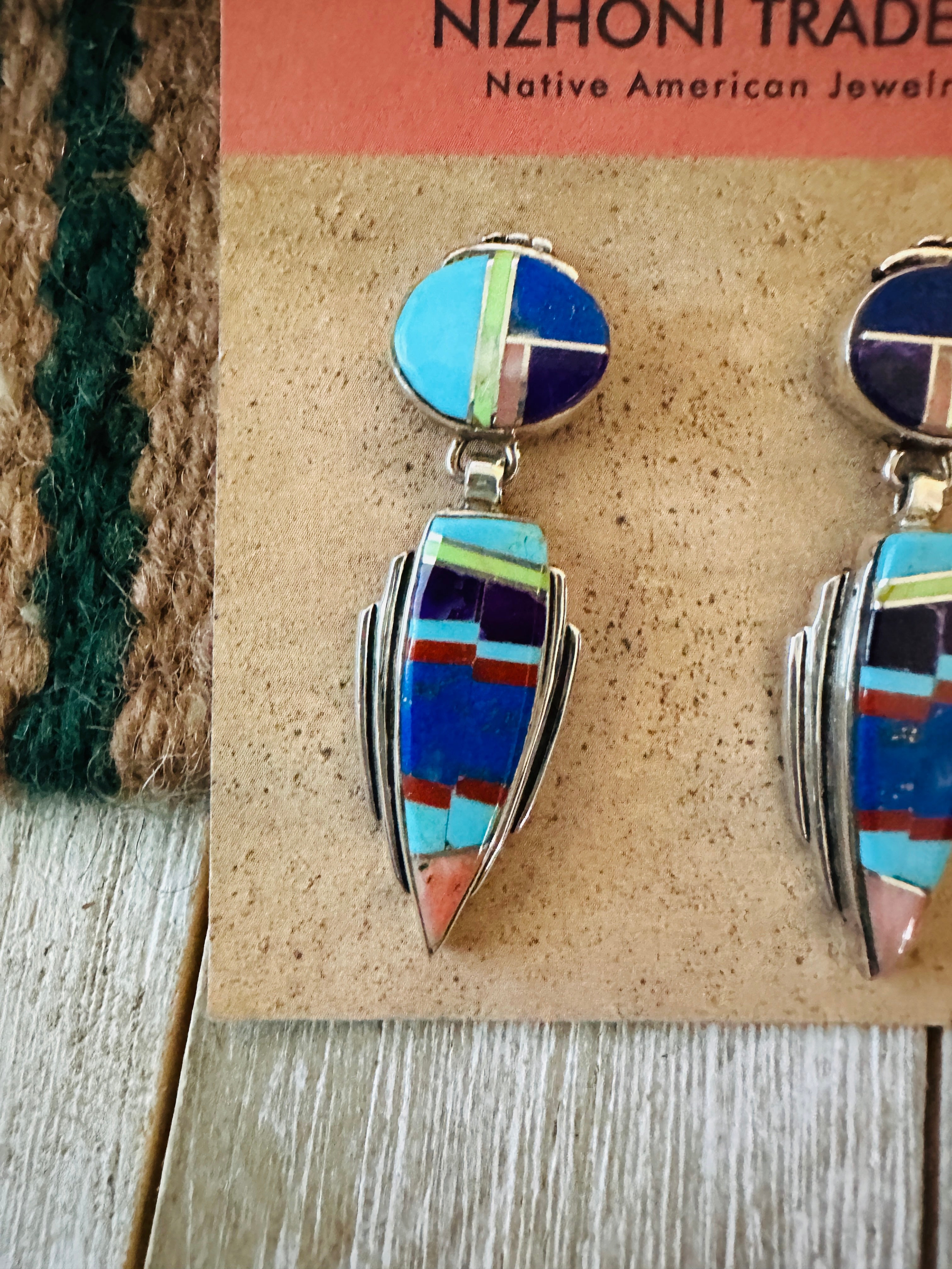 Old Pawn Navajo Sterling Silver & Multi Stone Inlay Dangle Earrings