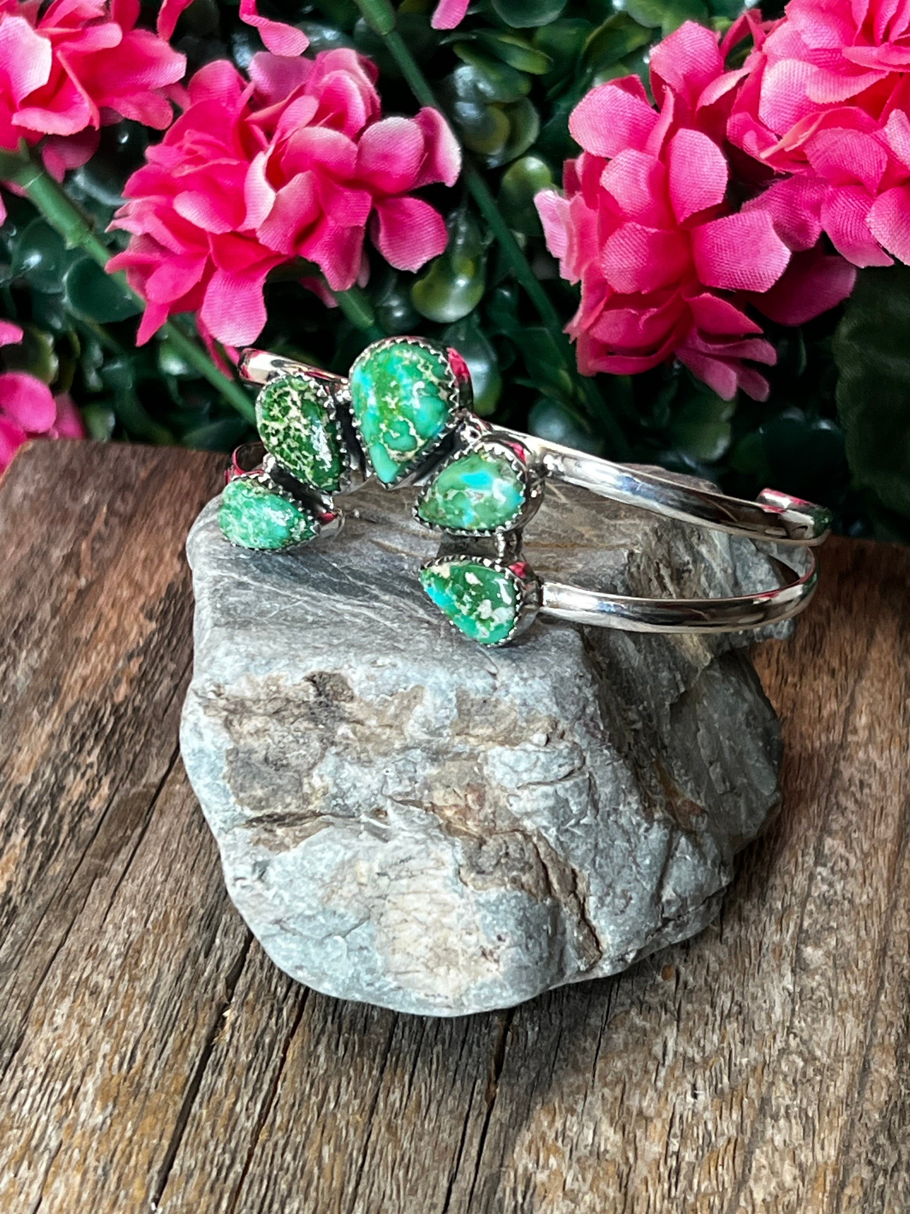 Handmade Sonoran Mountain Turquoise Cluster Sterling Silver Cuff Bracelet