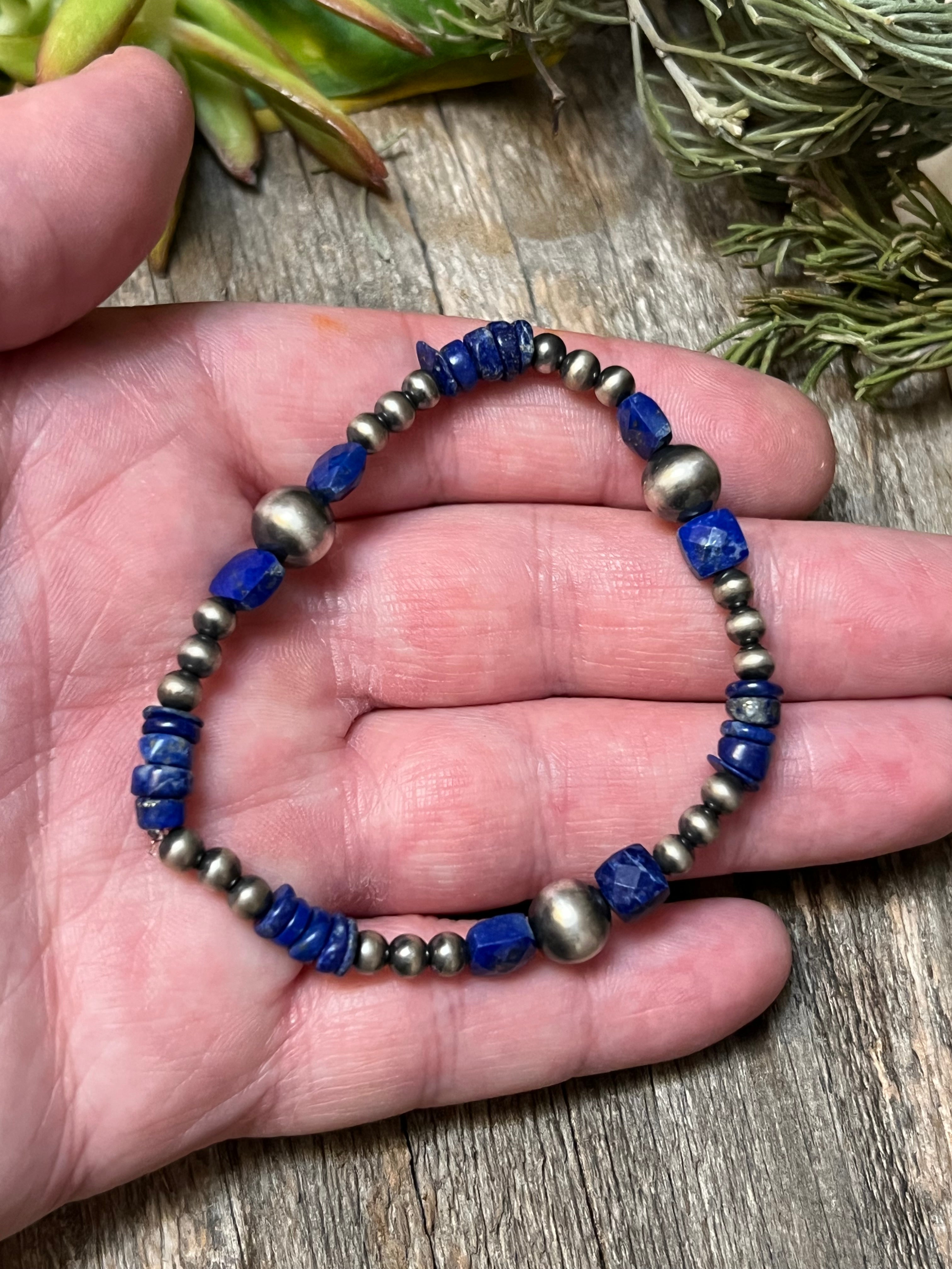 Handmade Lapis & Sterling Silver Beaded Bracelet