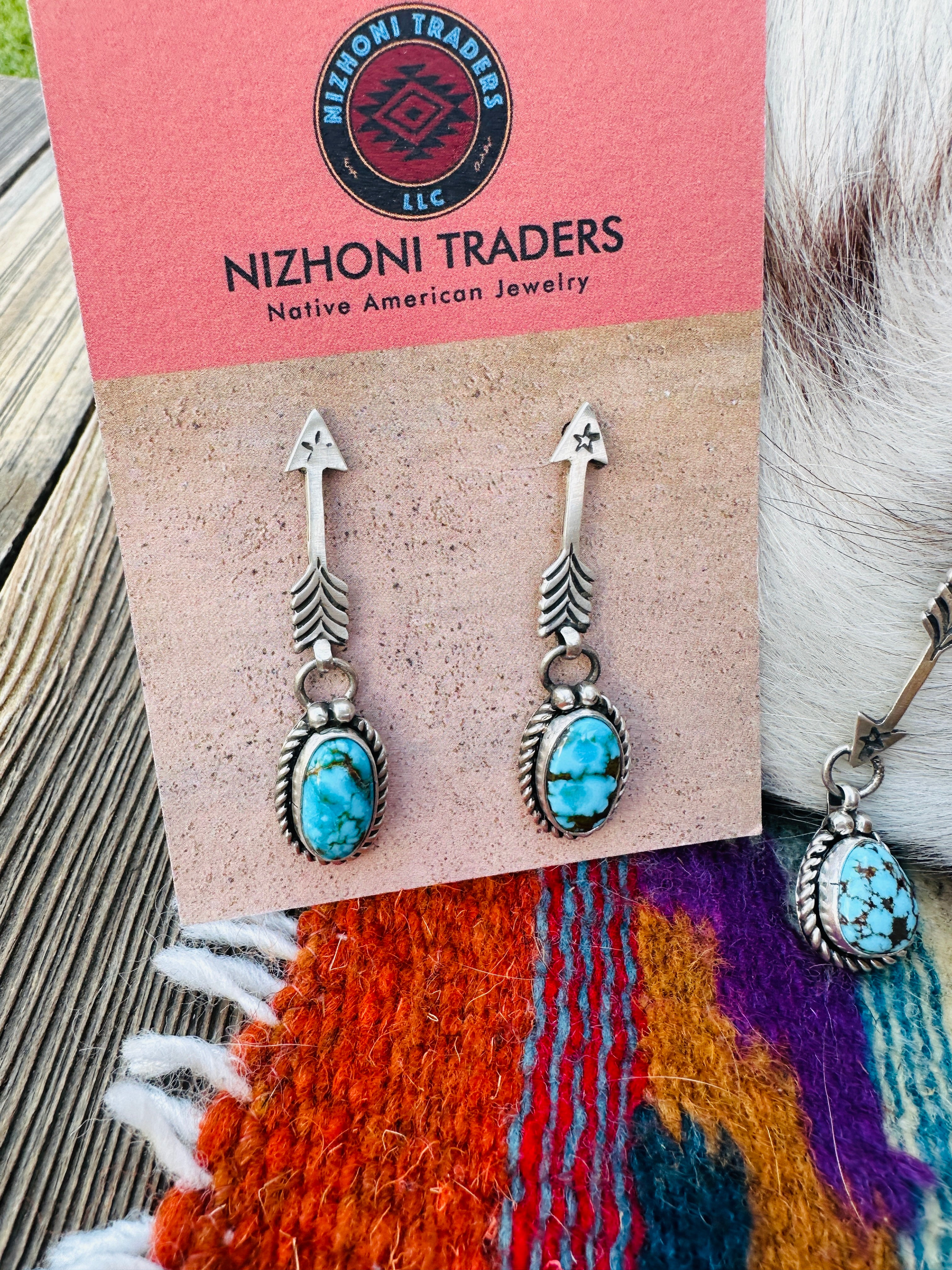 Handcrafted Turquoise & Sterling Silver Arrow Necklace and Earring Set by Fred Francis