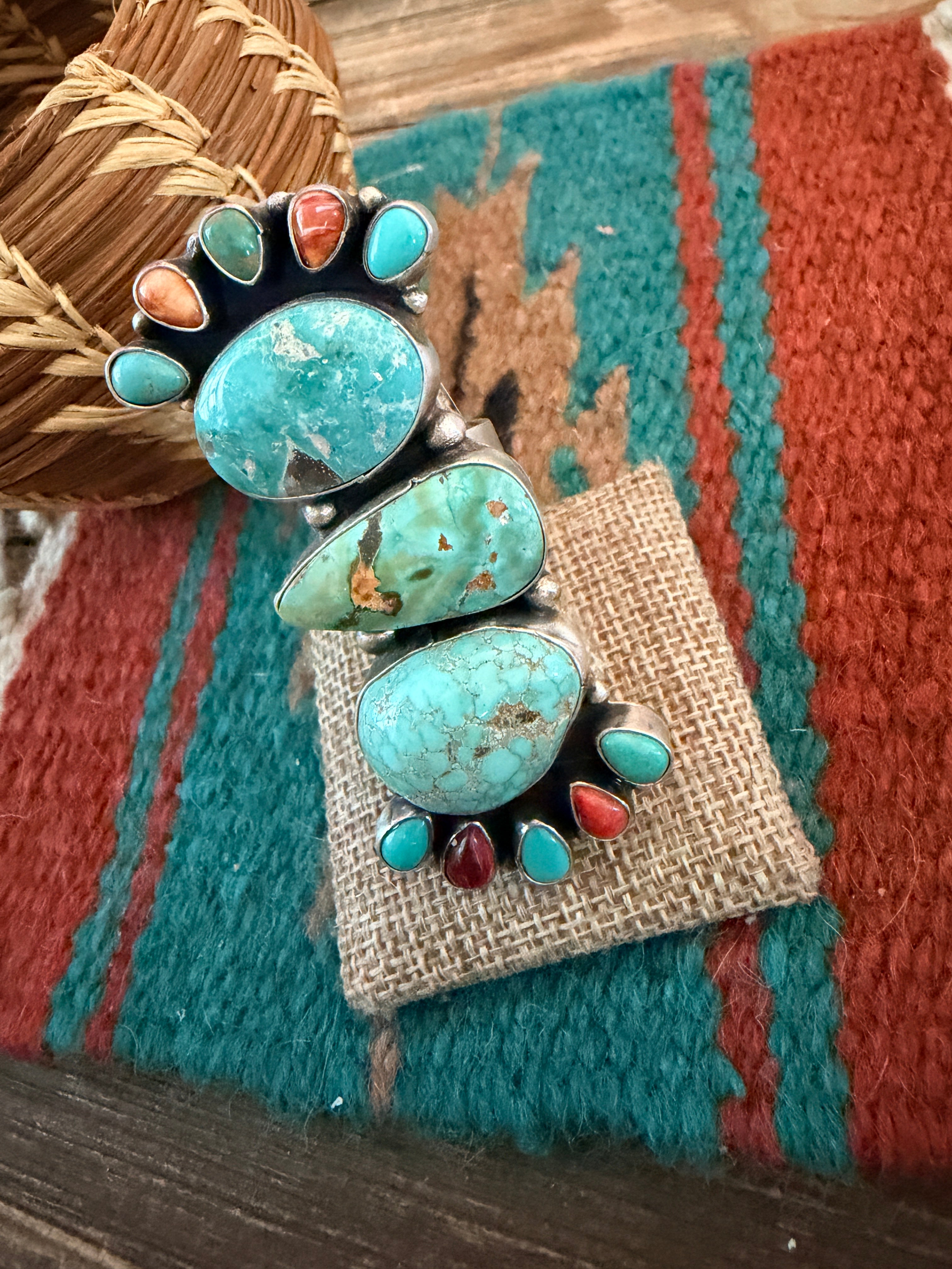 Handcrafted Spiny Oyster, Turquoise & Sterling Silver Cluster Ring by Sheila Becenti Size 9.5