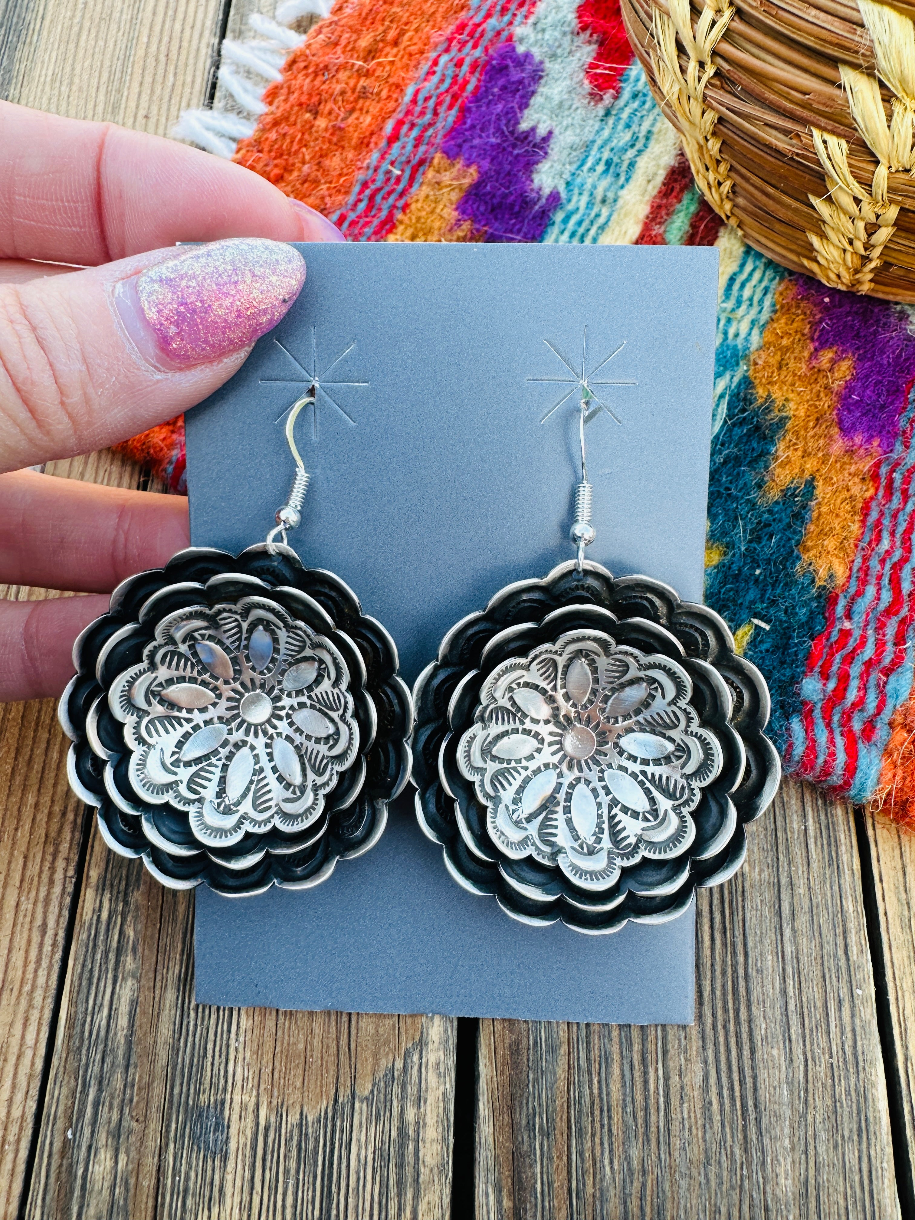 Handcrafted Sterling Silver Concho Dangle Earrings by Leander Tahe